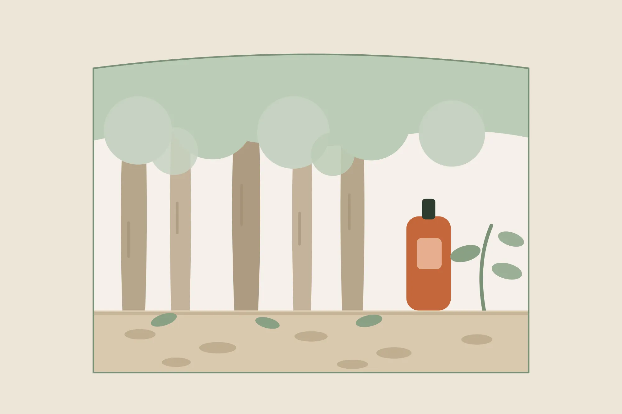Illustration des hauts fûts de hêtres de la forêt de Compiègne, avec un flacon d'huile de massage, dans une arche aux couleurs crème et vert sauge de Yes Mama