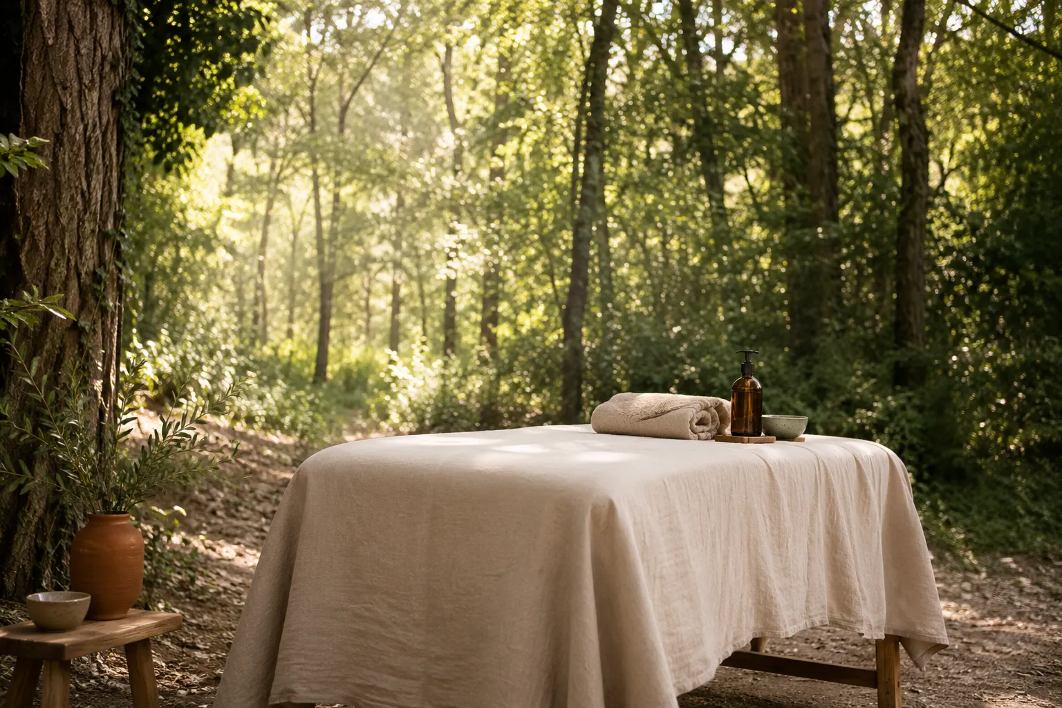 Table de massage drapée de lin crème installée en pleine nature, flacon d'huile et serviette roulée, lumière dorée à travers les arbres