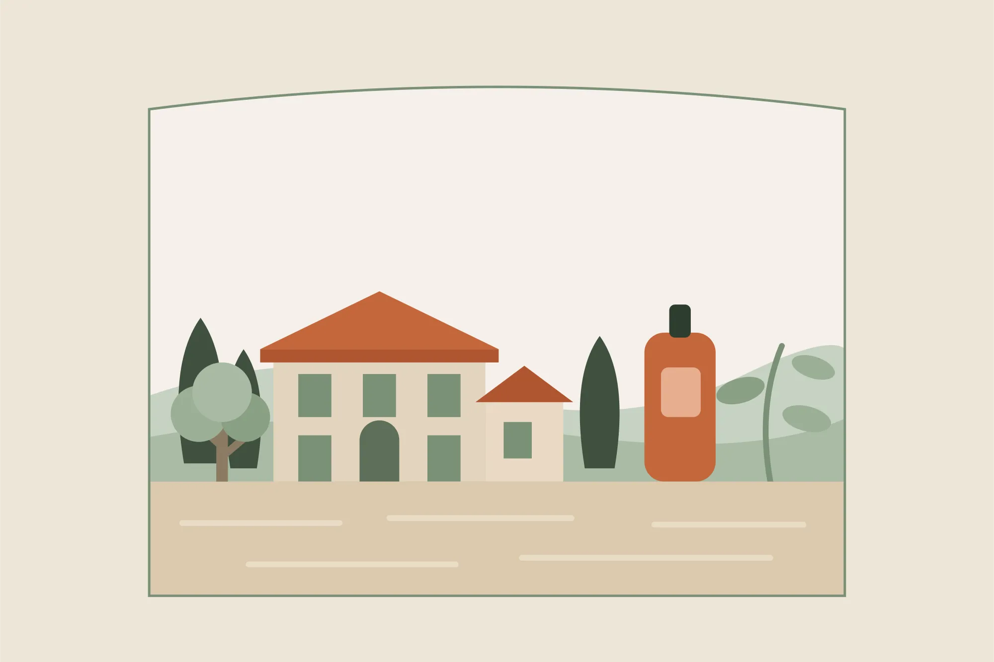 Illustration d'une bastide provençale aux tuiles rondes entourée de cyprès et d'un olivier dans la Dracénie, avec un flacon d'huile de massage, dans une arche aux couleurs crème et vert sauge de Yes Mama