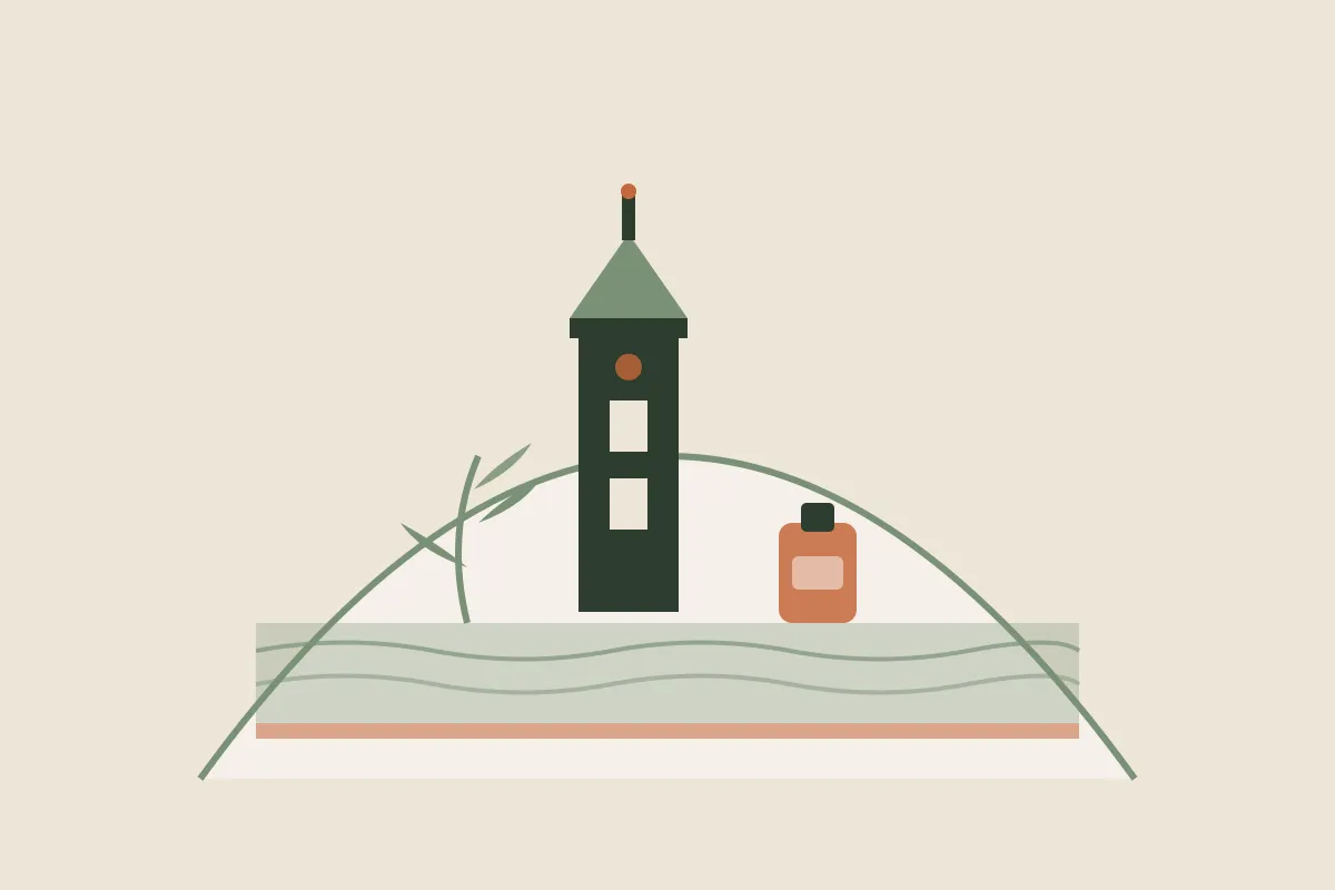 Illustration de Dunkerque aux couleurs de Yes Mama : le beffroi et la digue de Malo-les-Bains face à la mer du Nord, dans une arche, avec un flacon d'huile de massage et un brin végétal