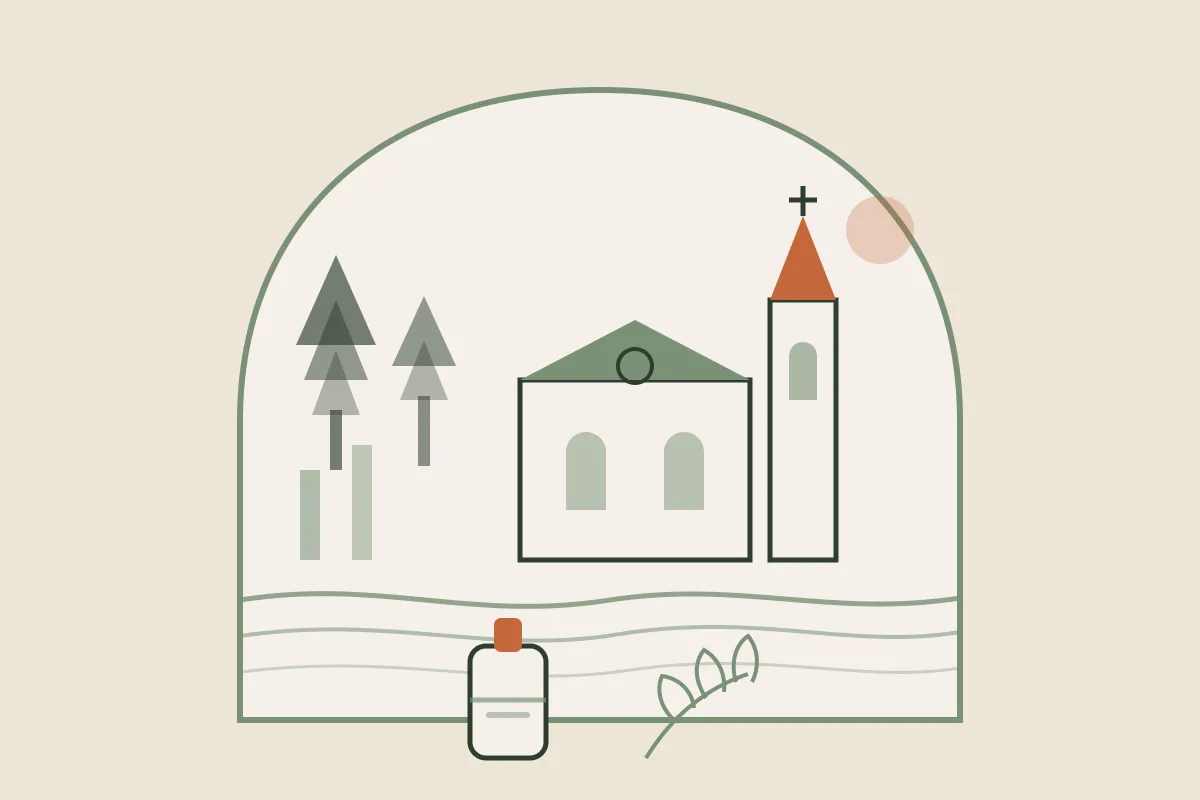 Illustration d'Épinal : la basilique Saint-Maurice et les sapins vosgiens au bord de la Moselle, dans une arche, avec un flacon d'huile de massage et un brin végétal, aux couleurs crème et vert sauge de Yes Mama
