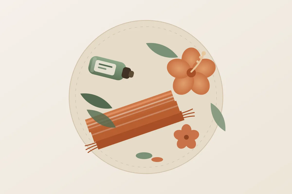 Illustration : massage grossesse et post-partum en Guadeloupe, la silhouette des deux îles et de la Soufrière, un hibiscus, un flacon d'huile et un tissu rebozo noué, aux couleurs crème et vert sauge de Yes Mama