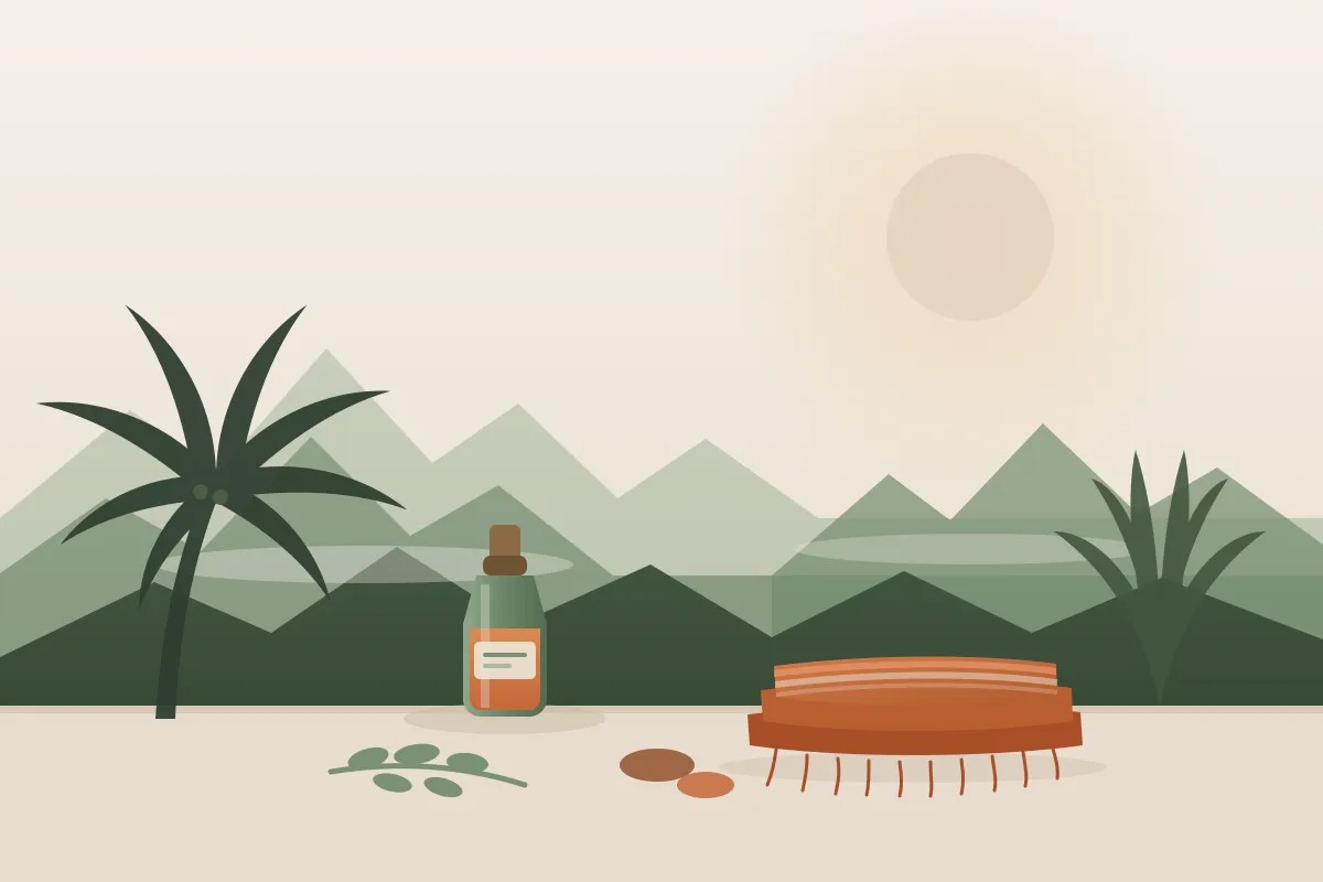 Illustration : massage grossesse et post-partum à La Réunion, silhouette du piton, palmes et vacoa, un flacon d'huile et un tissu rebozo plié, aux couleurs crème et vert sauge de Yes Mama
