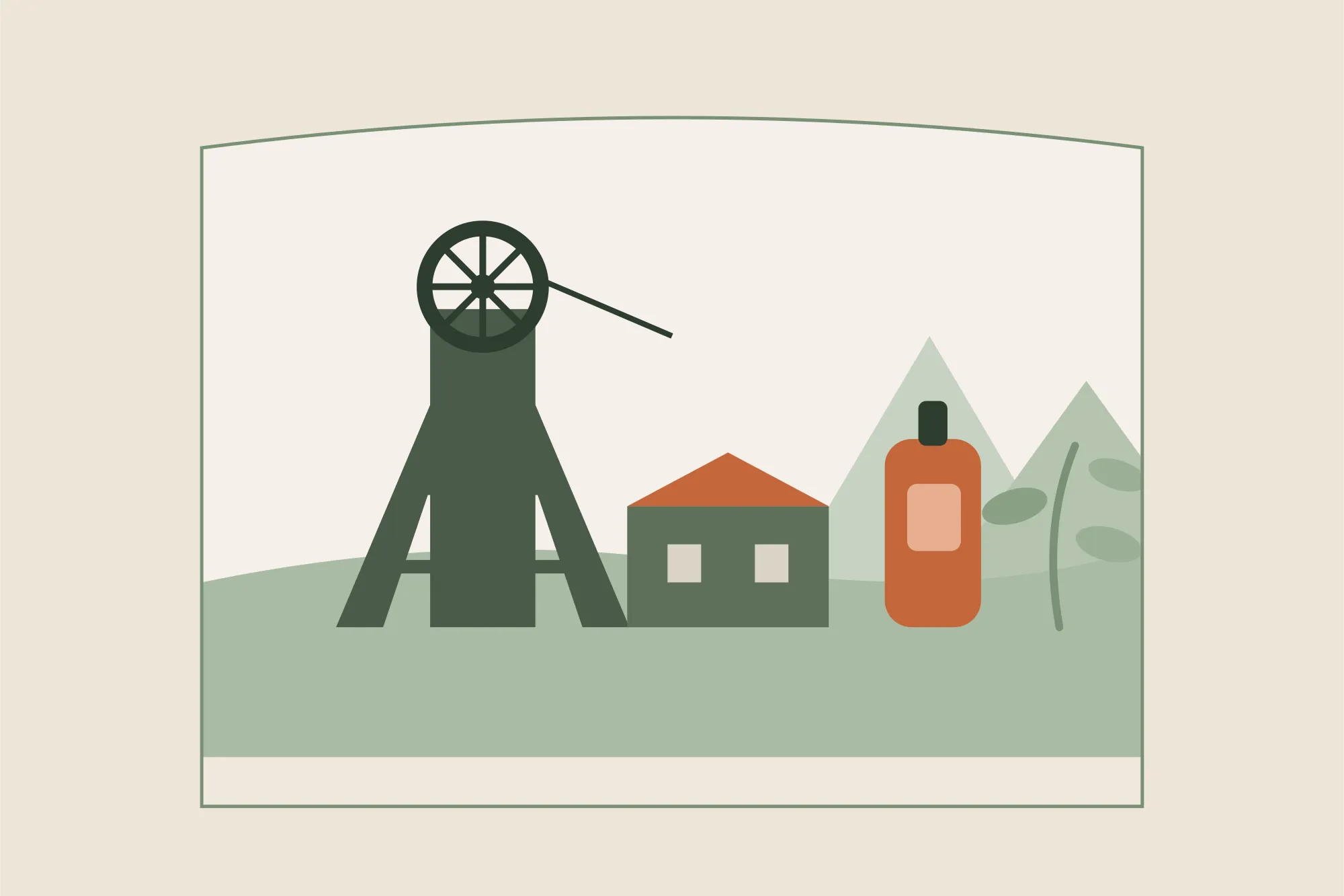 Illustration d'un chevalement de mine et de deux terrils du bassin lensois, avec un flacon d'huile de massage et un brin végétal, dans une arche aux couleurs crème et vert sauge de Yes Mama