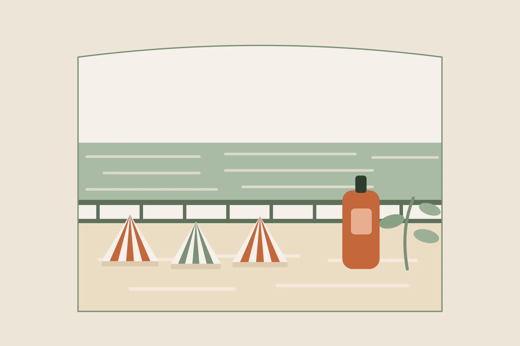 Illustration de la plage des Sables-d'Olonne avec ses tentes rayées et la rambarde du Remblai, un flacon d'huile de massage, dans une arche aux couleurs crème et vert sauge de Yes Mama