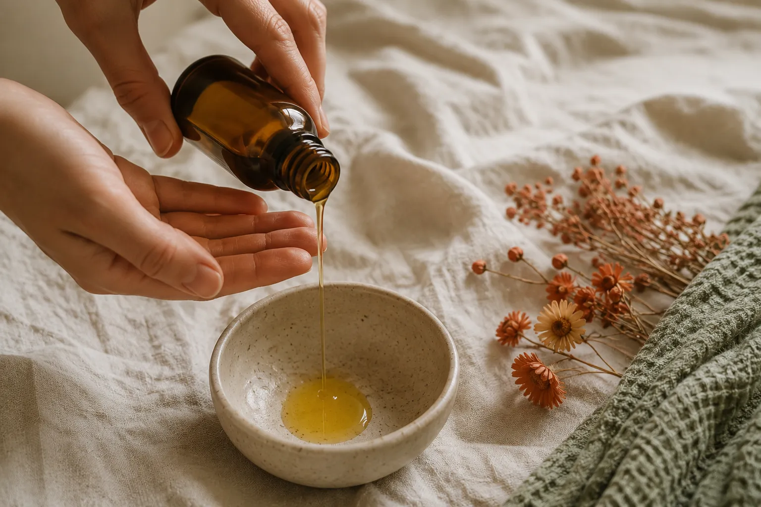 Mains versant de l'huile de massage dorée depuis un flacon ambré dans un bol en céramique, sur du lin crème avec des fleurs séchées