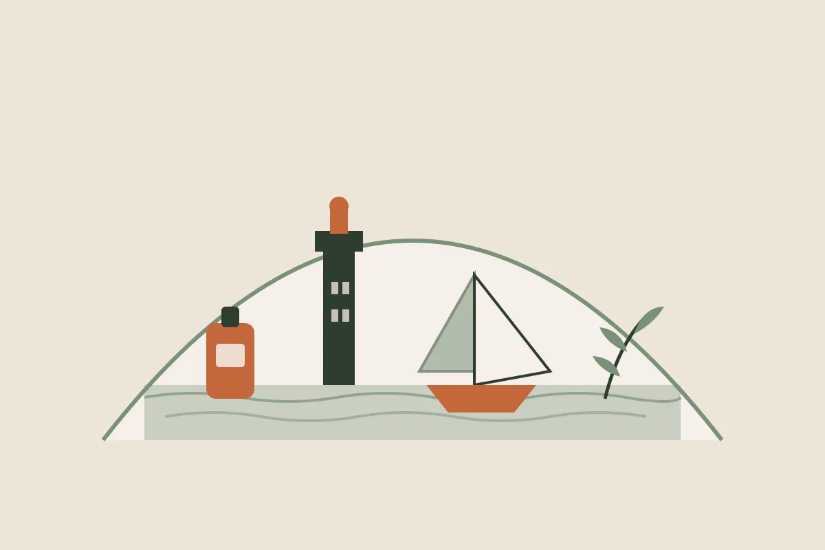 Illustration : massage grossesse et post-partum à Lorient, silhouette de la rade et de la tour de la Découverte de Keroman avec un voilier, un flacon d'huile et un brin végétal, dans une arche aux couleurs crème et vert sauge de Yes Mama