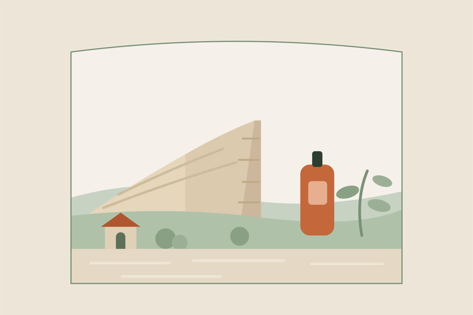 Illustration de la roche de Solutré et de son escarpement calcaire près de Mâcon, avec un flacon d'huile de massage, dans une arche aux couleurs crème et vert sauge de Yes Mama