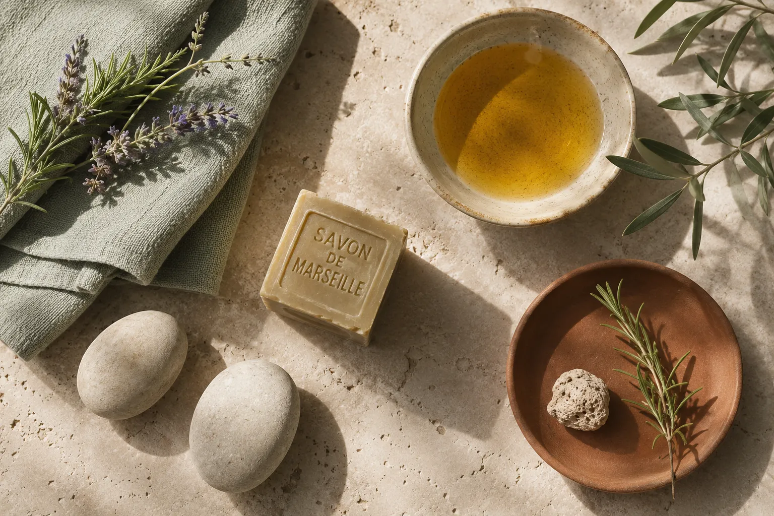 Nature morte méditerranéenne de soin en vue de dessus : bol d'huile de massage dorée, cube de savon de Marseille, galets clairs, brins de romarin et de lavande et serviette vert sauge sur une pierre calcaire claire