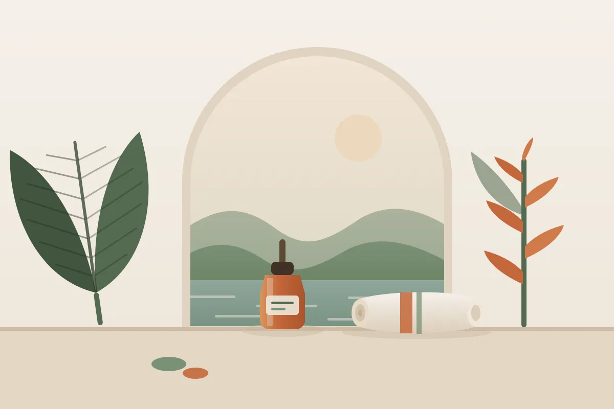 Illustration : massage grossesse et post-partum en Martinique, silhouette de la montagne Pelée, feuilles de bananier et fleur de balisier, un flacon d'huile et un tissu plié, aux couleurs crème et vert sauge de Yes Mama