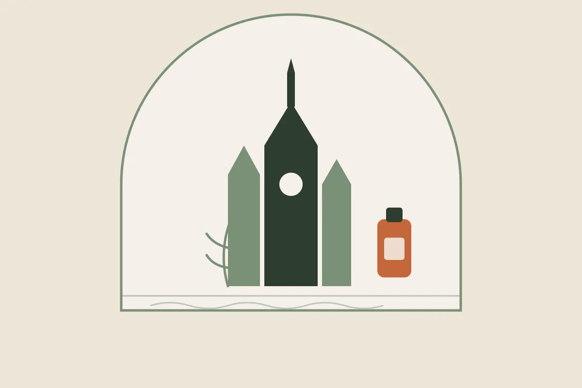 Illustration en tons crème et vert sauge : la cathédrale Saint-Étienne de Metz et la Moselle, un flacon d'huile de massage et un brin végétal, dans une arche