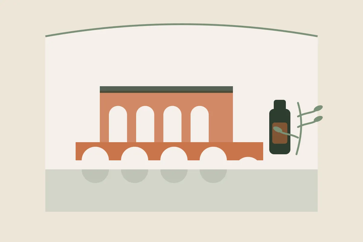 Illustration de Montauban : les arches de brique rose du Pont-Vieux sur le Tarn et les arcades de la place Nationale, encadrées d'une arche, avec un flacon d'huile de massage et un brin végétal, aux couleurs crème et vert sauge de Yes Mama
