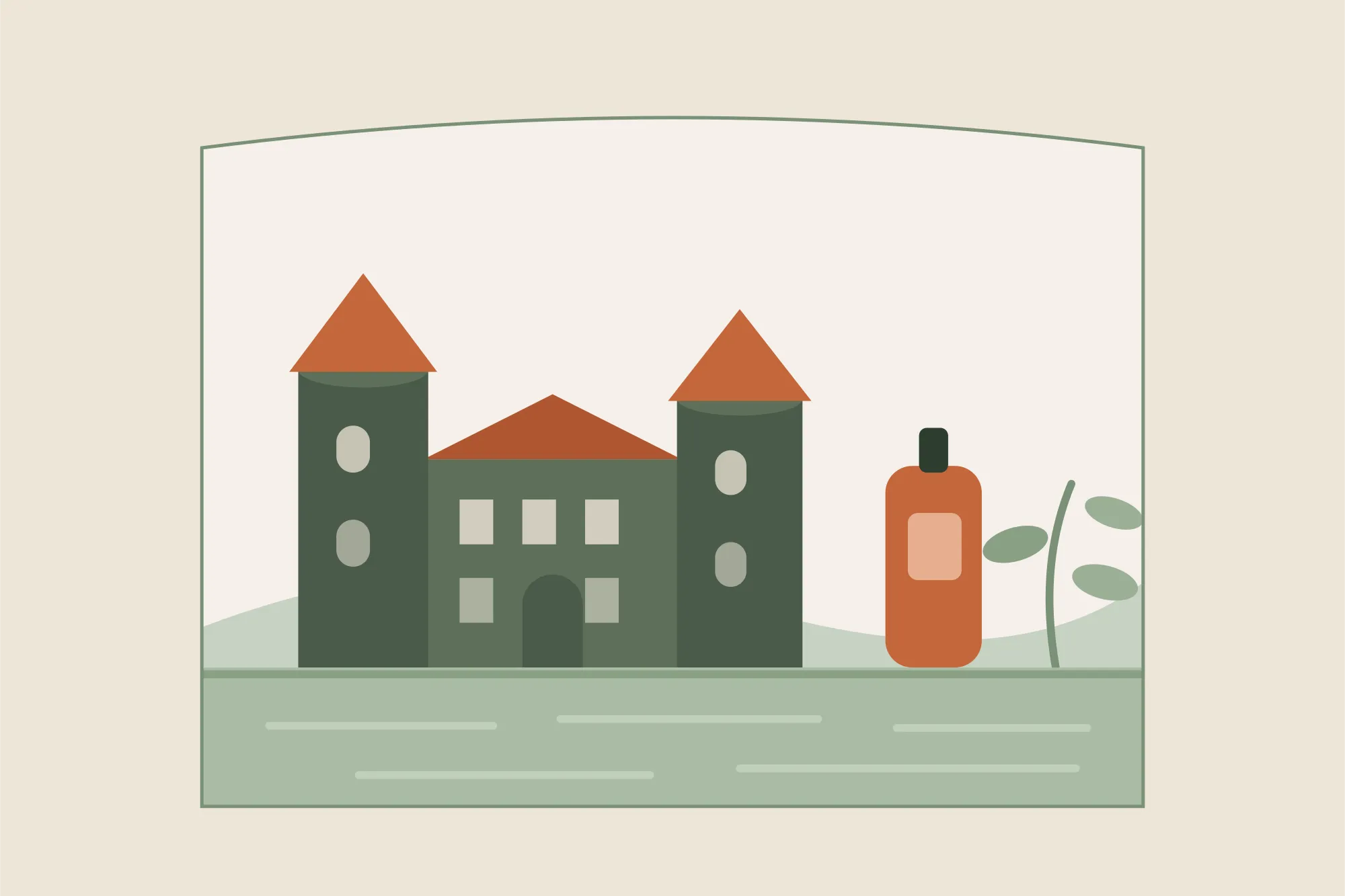 Illustration du château des ducs de Wurtemberg et de ses deux tours rondes à Montbéliard, avec un flacon d'huile de massage et un brin végétal, dans une arche aux couleurs crème et vert sauge de Yes Mama