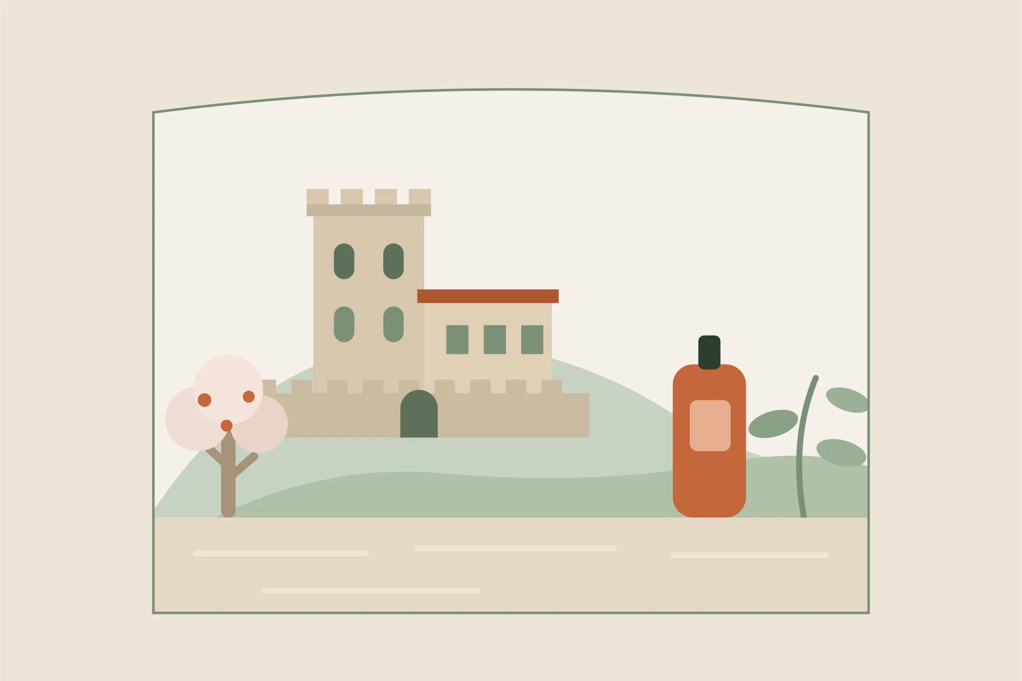 Illustration du donjon du château des Adhémar sur sa colline à Montélimar, avec un amandier en fleurs et un flacon d'huile de massage, dans une arche aux couleurs crème et vert sauge de Yes Mama