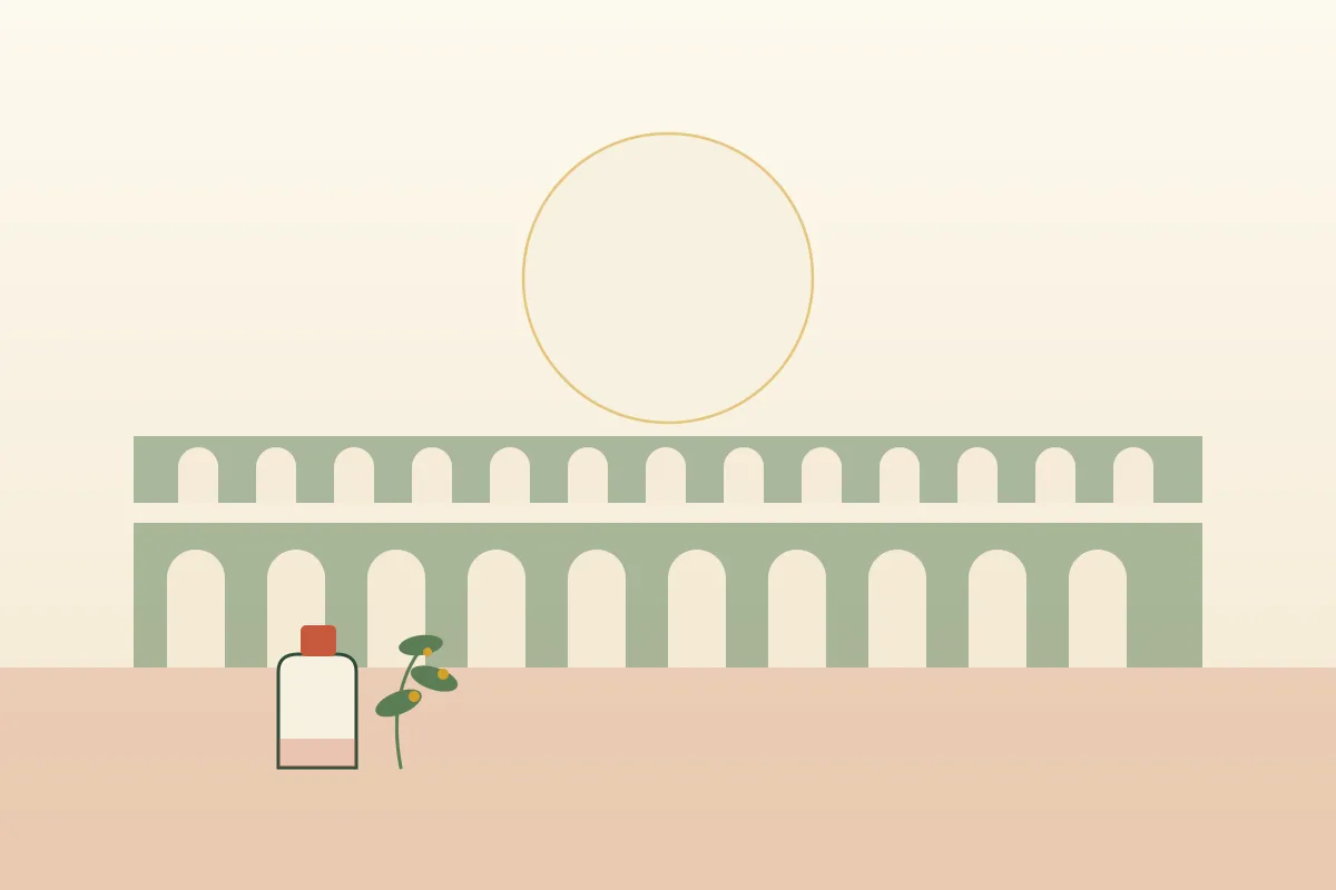 massage femme enceinte et post-partum à Montpellier, arches de l'aqueduc Saint-Clément et soleil du sud, flacon d'huile et brin de mimosa, aux couleurs crème, ocre et vert sauge de Yes Mama