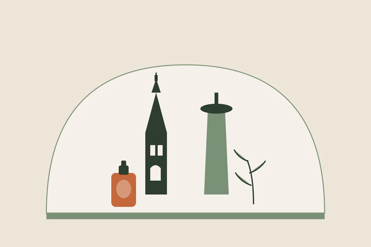 Illustration : massage grossesse et post-partum à Mulhouse, silhouette du temple Saint-Étienne et de la tour de l'Europe dans une arche, flacon d'huile et brin végétal, aux couleurs crème et vert sauge de Yes Mama