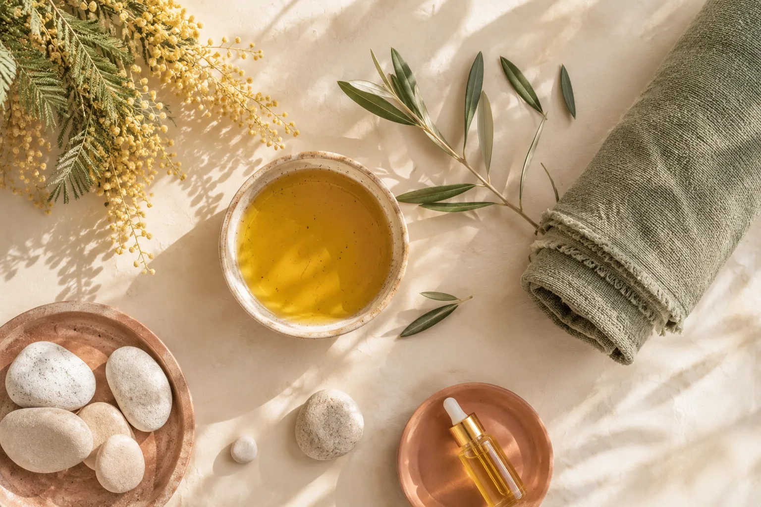 Nature morte de soin en vue de dessus : bol d'huile de massage dorée, brins de mimosa jaune et rameau d'olivier, galets clairs, flacon d'huile et serviette en lin vert sauge roulée sur une surface crème