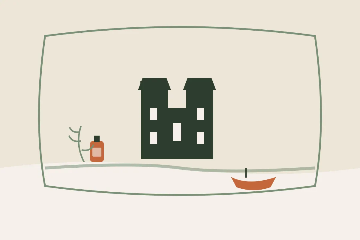 Illustration : massage grossesse et post-partum à Niort, le Donjon à deux tours au bord de la Sèvre et une barque du Marais poitevin, avec un flacon d'huile et un brin végétal, aux couleurs crème et vert sauge de Yes Mama