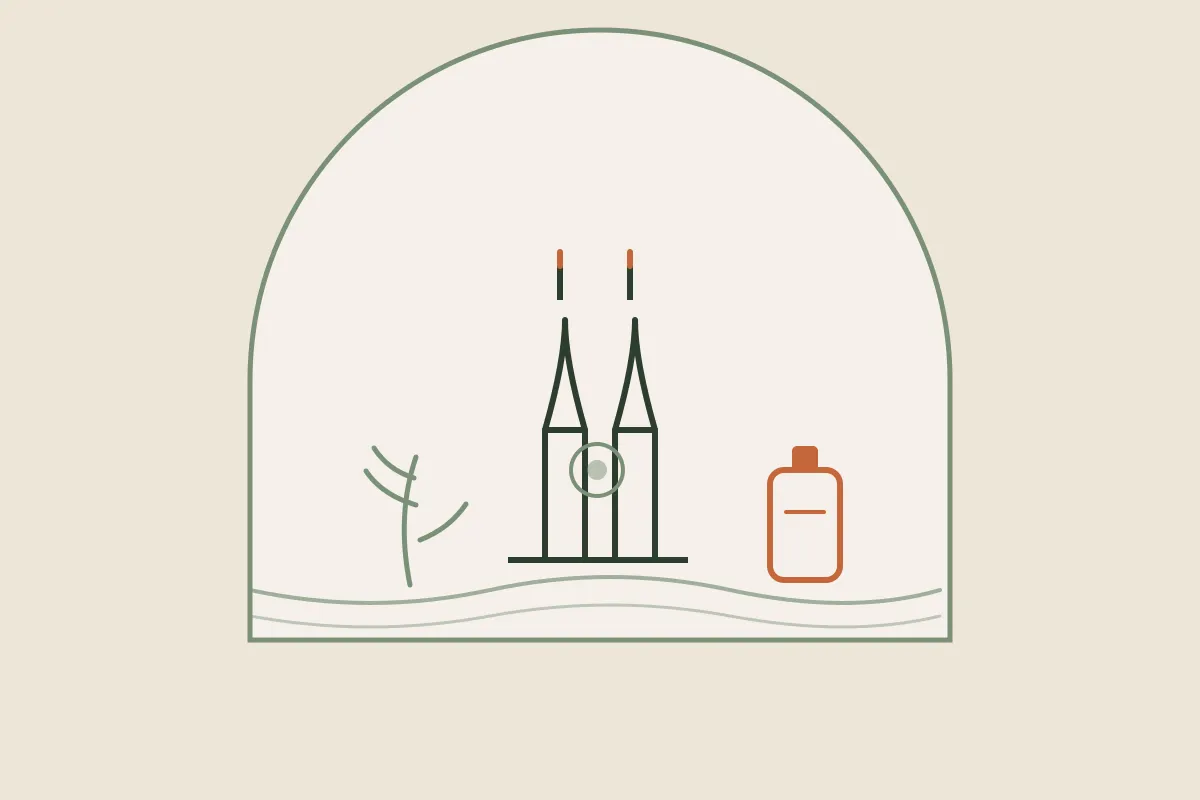 Illustration : massage grossesse et post-partum à Orléans, les flèches de la cathédrale Sainte-Croix et la Loire dans une arche, avec un flacon d'huile et un brin végétal