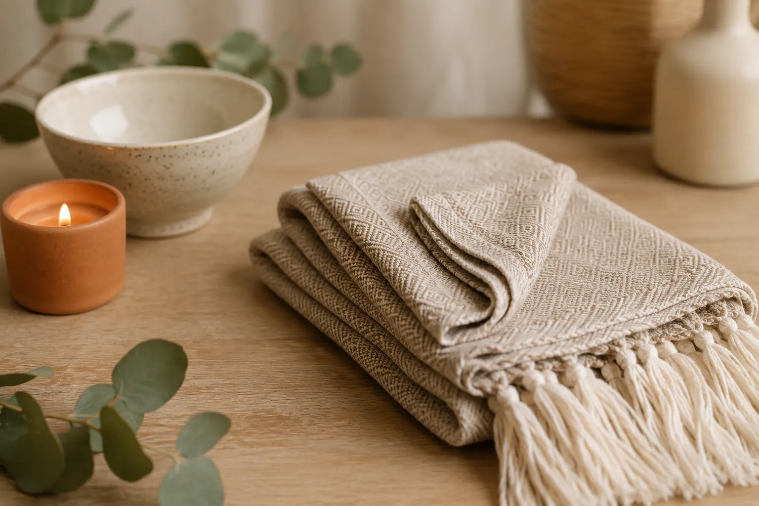 Tissu de rebozo plié sur une table en bois, bol en céramique et bougie, ambiance d'un soin post-partum