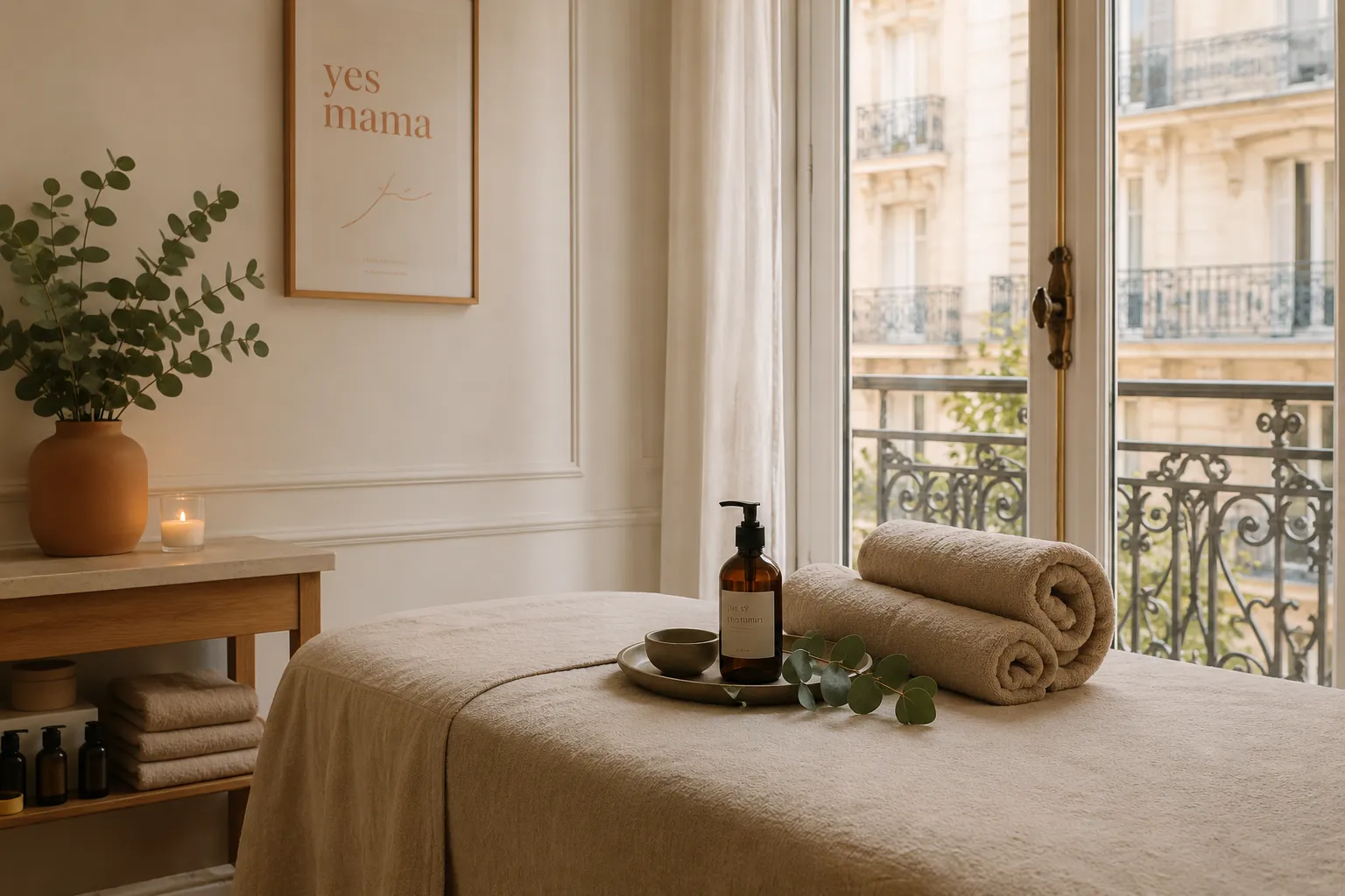 Table de massage drapée de lin beige, serviettes roulées et flacon d'huile, près d'une fenêtre haussmannienne dans un institut parisien