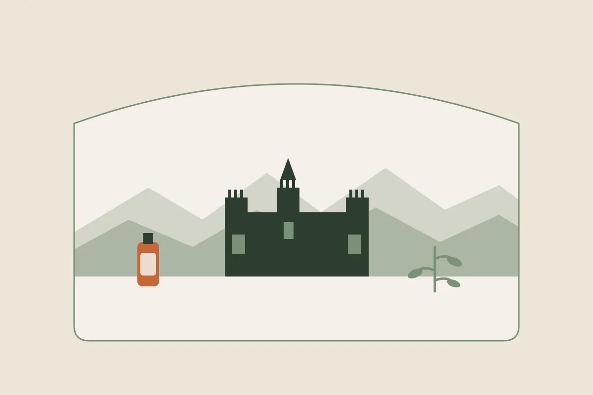 Illustration : massage grossesse et post-partum à Pau, château de Pau et ligne des Pyrénées dans une arche, flacon d'huile et brin végétal, aux couleurs crème et vert sauge de Yes Mama