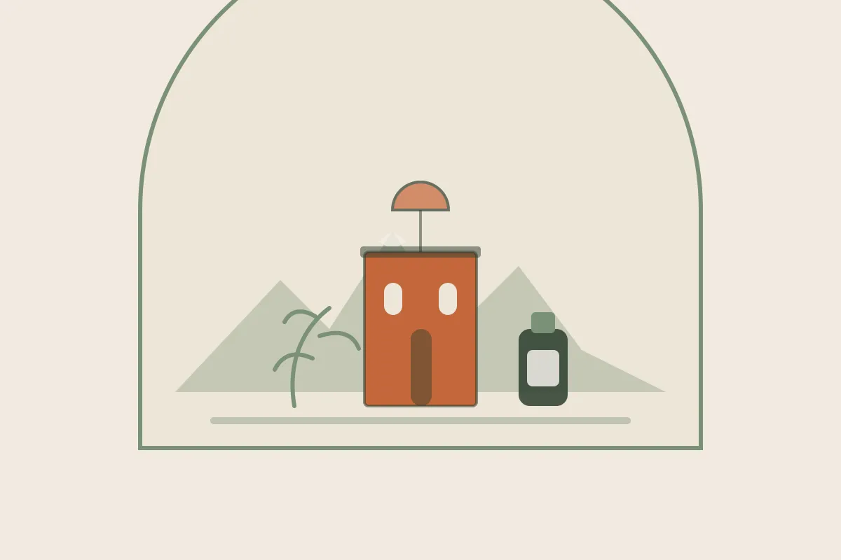 Illustration : massage grossesse et post-partum à Perpignan, le Castillet en briques rouges et la silhouette du Canigou sous une arche, avec un flacon d'huile et un brin végétal, aux couleurs crème et vert sauge de Yes Mama