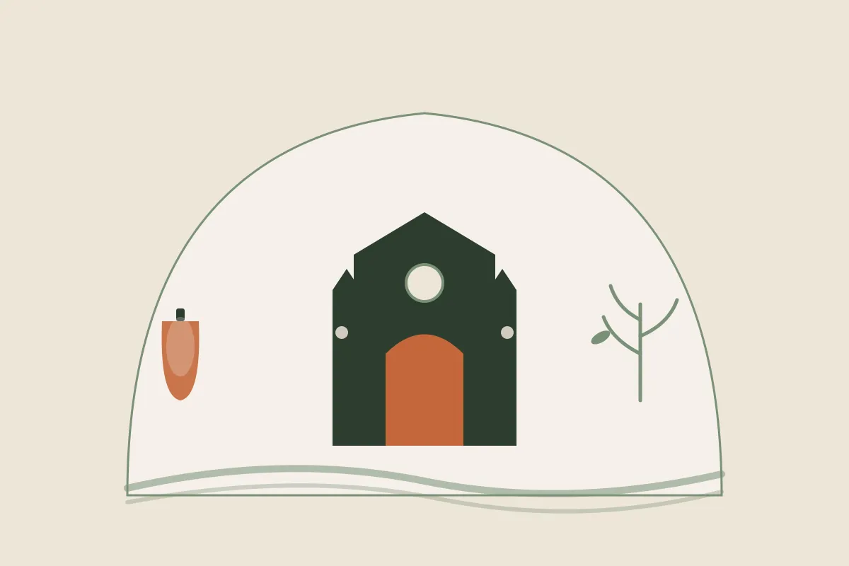 Illustration : massage grossesse et post-partum à Poitiers, façade romane de Notre-Dame-la-Grande et rivière le Clain dans une arche, flacon d'huile et brin végétal, aux couleurs crème et vert sauge de Yes Mama
