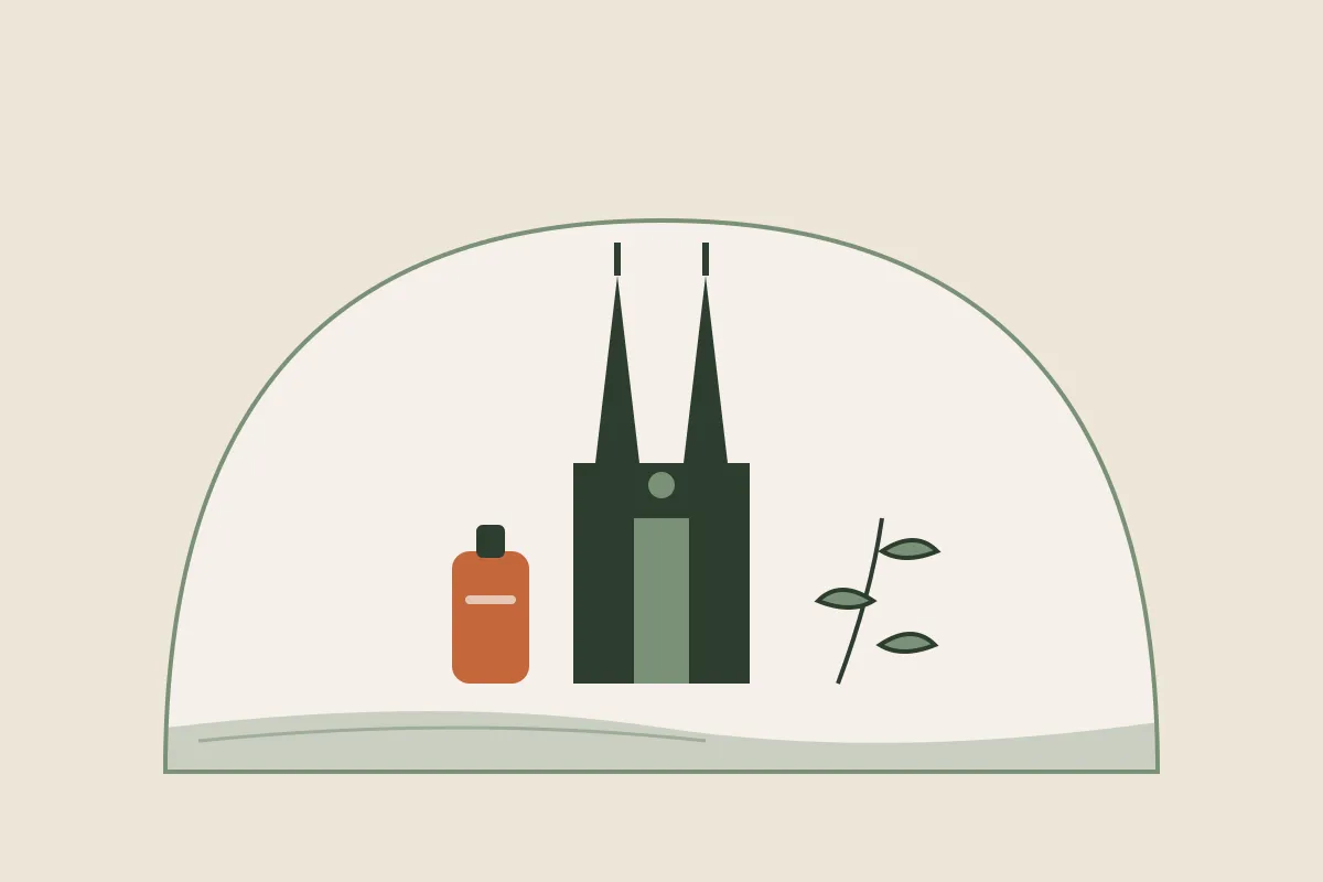 Illustration : massage grossesse et post-partum à Quimper, les deux flèches de la cathédrale Saint-Corentin et l'Odet dans une arche, flacon d'huile et brin végétal, aux couleurs crème et vert sauge de Yes Mama