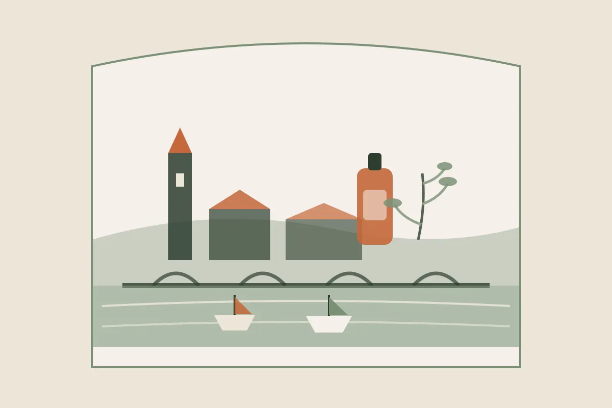 Illustration de Roanne au bord de la Loire, avec le port de plaisance, un pont et un clocher, un flacon d'huile de massage et un brin végétal, dans une arche aux couleurs crème et vert sauge de Yes Mama