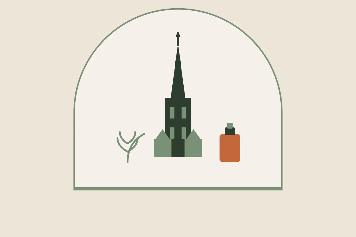 Illustration : massage grossesse et post-partum à Rouen, la flèche de la cathédrale Notre-Dame, un flacon d'huile et un brin végétal dans une arche