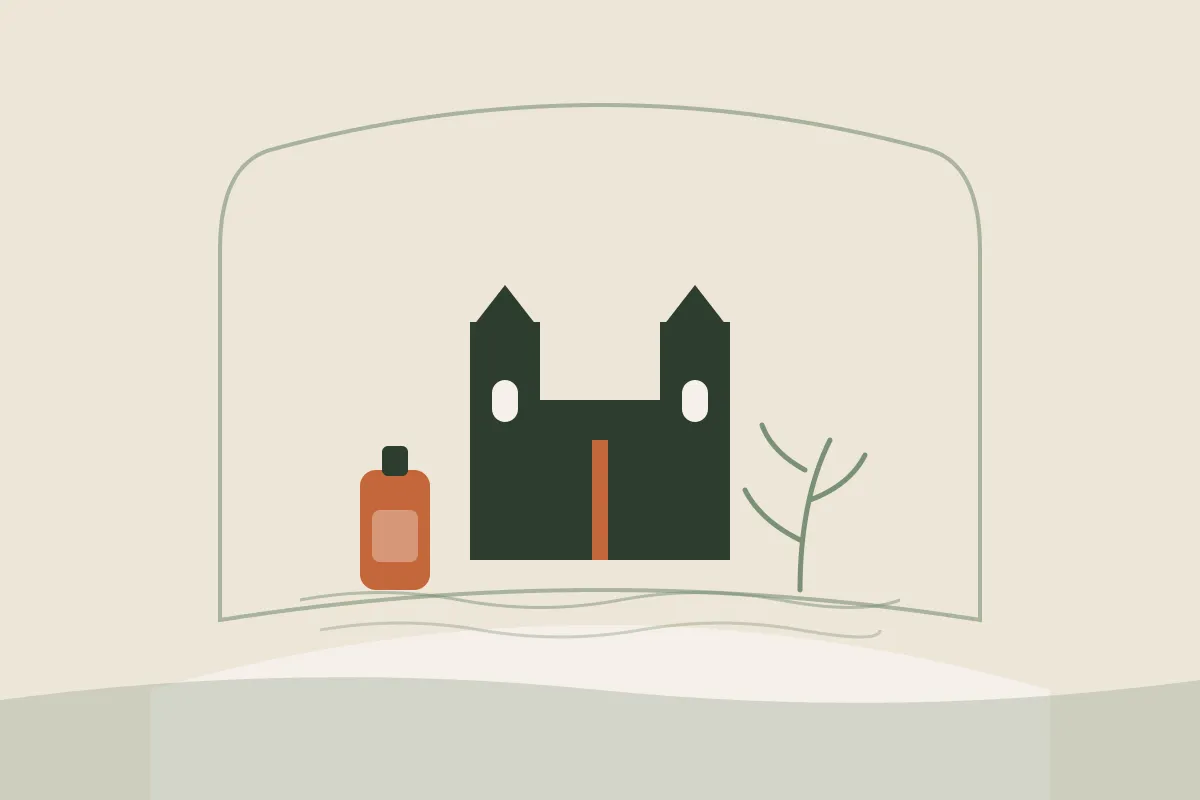Illustration : massage grossesse et post-partum à Saint-Brieuc, les deux tours de la cathédrale Saint-Étienne au-dessus de la baie, flacon d'huile et brin végétal