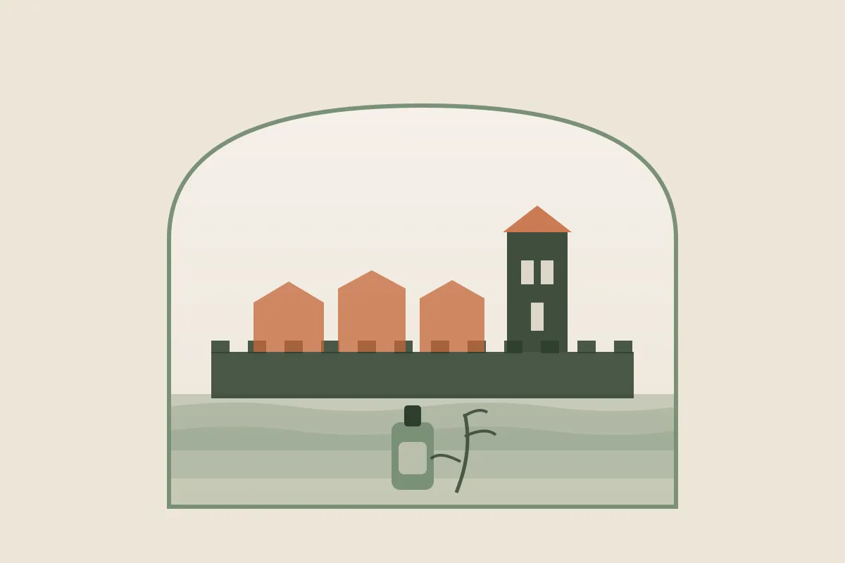 Illustration des remparts et de la tour de la cité corsaire de Saint-Malo face à la mer, avec un flacon d'huile de massage et un brin végétal, dans une arche aux couleurs de Yes Mama