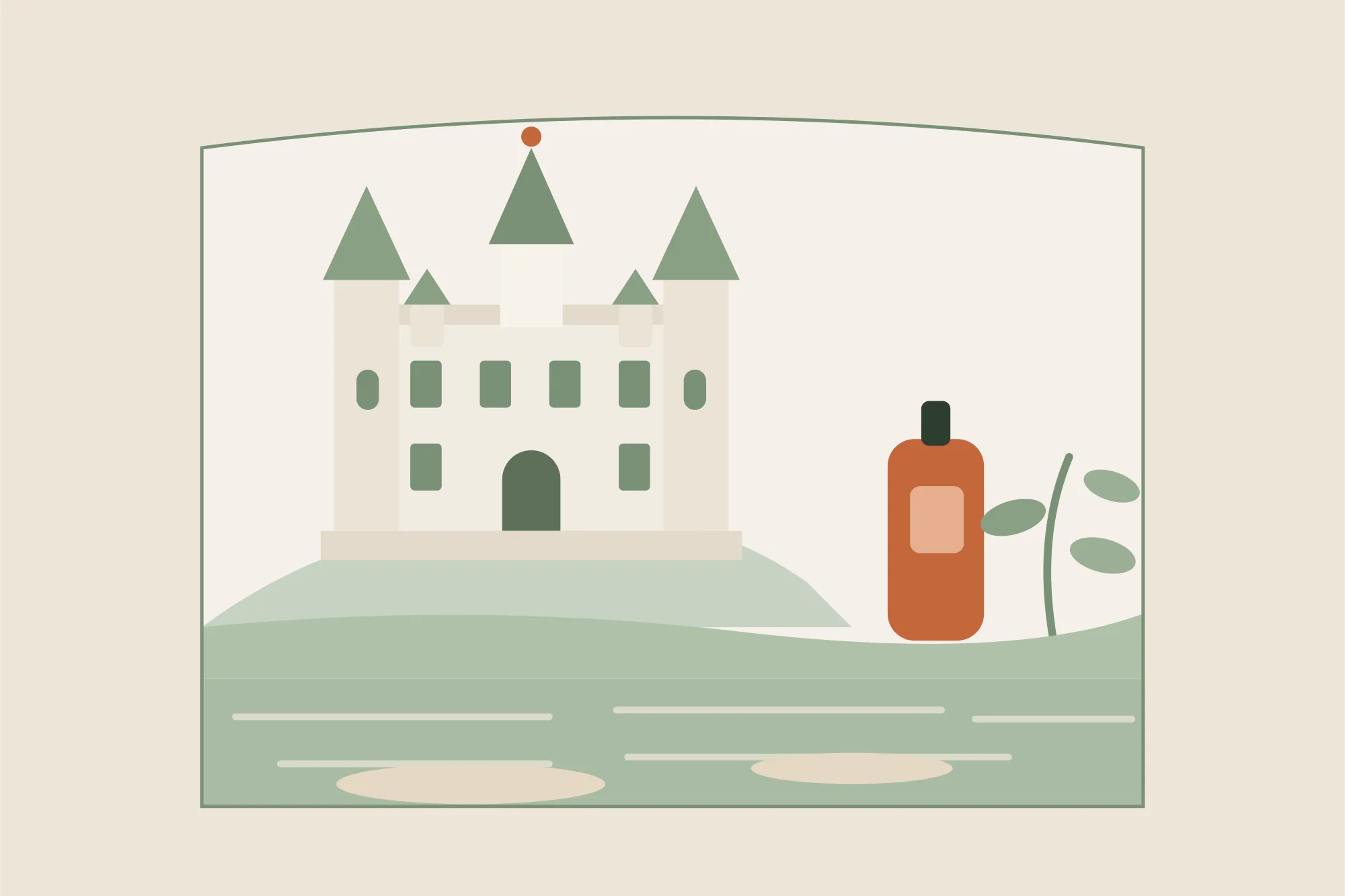 Illustration du château de Saumur en tuffeau blanc et de ses tourelles au-dessus de la Loire, avec un flacon d'huile de massage, dans une arche aux couleurs crème et vert sauge de Yes Mama