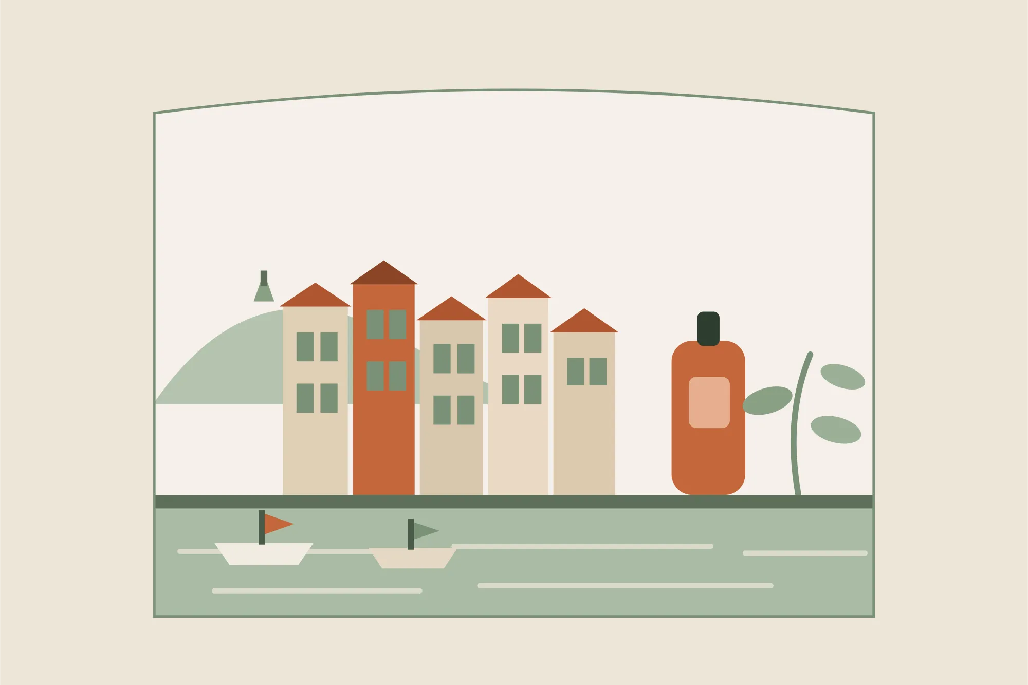 Illustration du canal de Sète, de ses hautes façades colorées et du mont Saint-Clair, avec un flacon d'huile de massage, dans une arche aux couleurs crème et vert sauge de Yes Mama