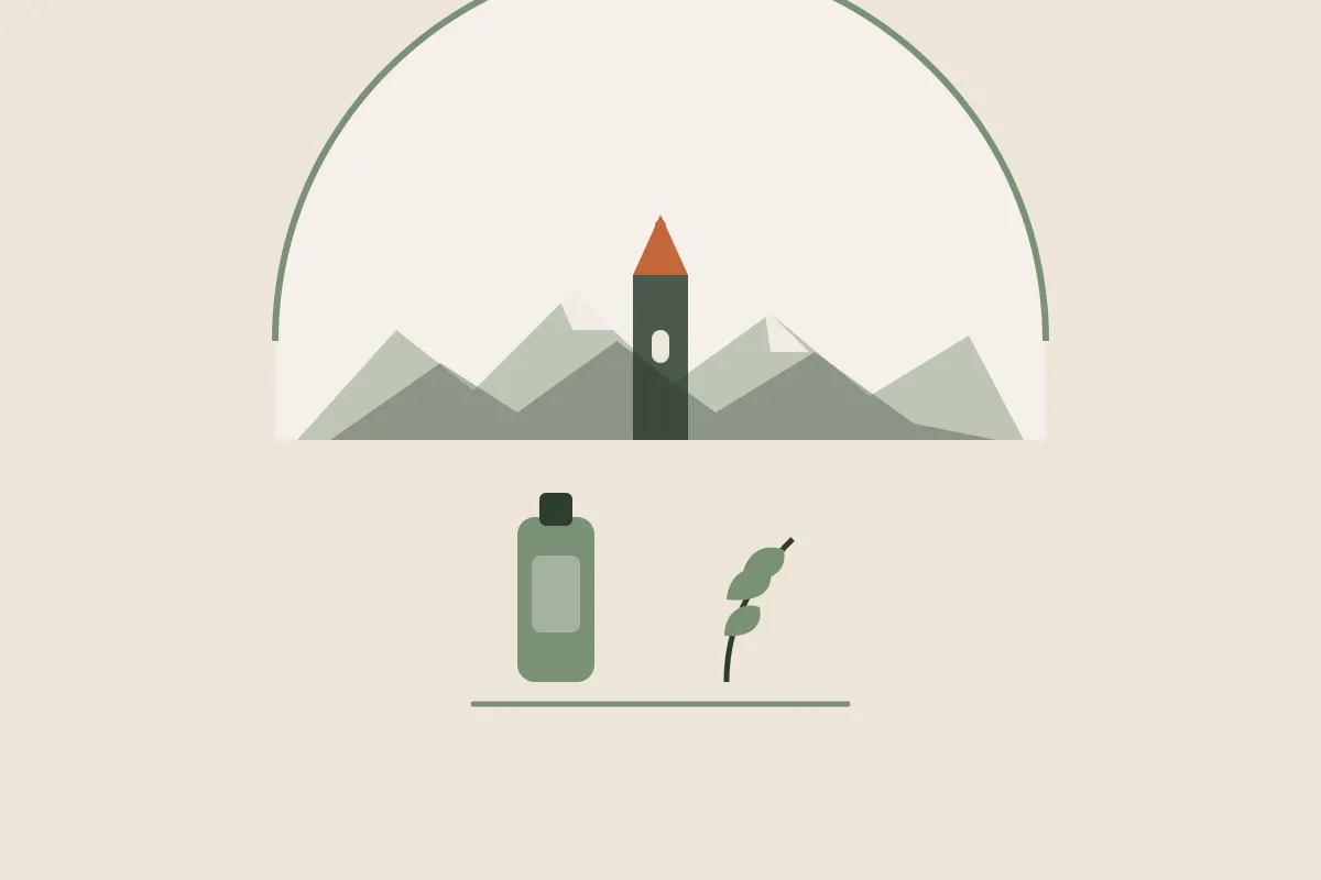 Illustration de Tarbes aux couleurs de Yes Mama : clocher et chaîne des Pyrénées en arrière-plan, dans une arche, avec un flacon d'huile de massage et un brin végétal