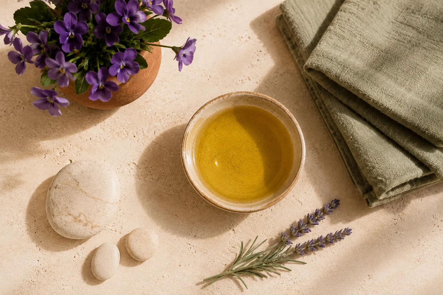 Nature morte de soin en vue de dessus : bol d'huile de massage dorée, bouquet de violettes de Toulouse dans un pot en terre cuite, galets clairs, serviette en lin vert sauge et brins de lavande et de romarin sur une surface crème