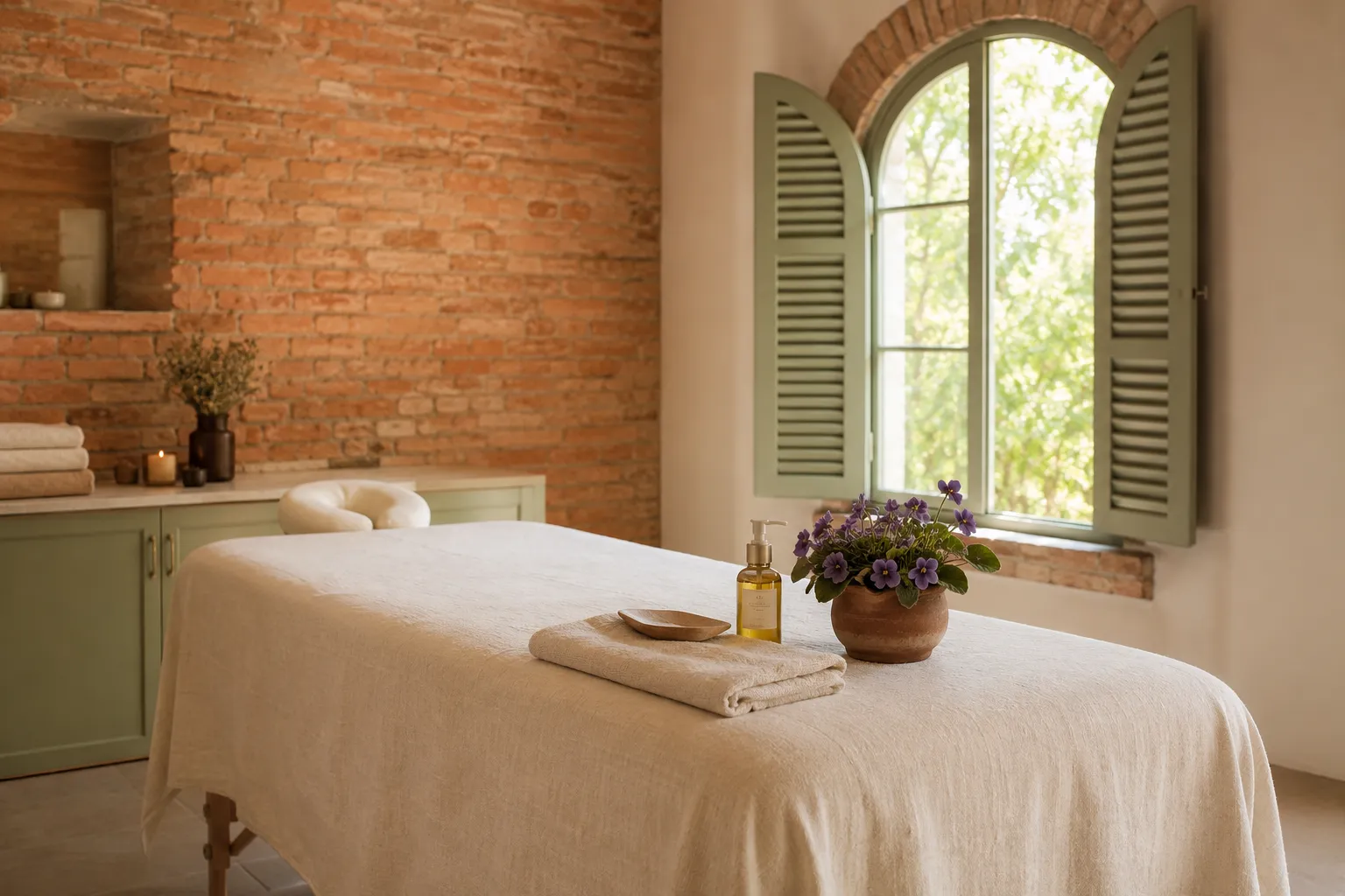 Table de massage drapée de lin crème dans une pièce lumineuse aux briques roses toulousaines, fenêtre en arc aux volets vert sauge, pot de violettes de Toulouse et flacon d'huile de massage