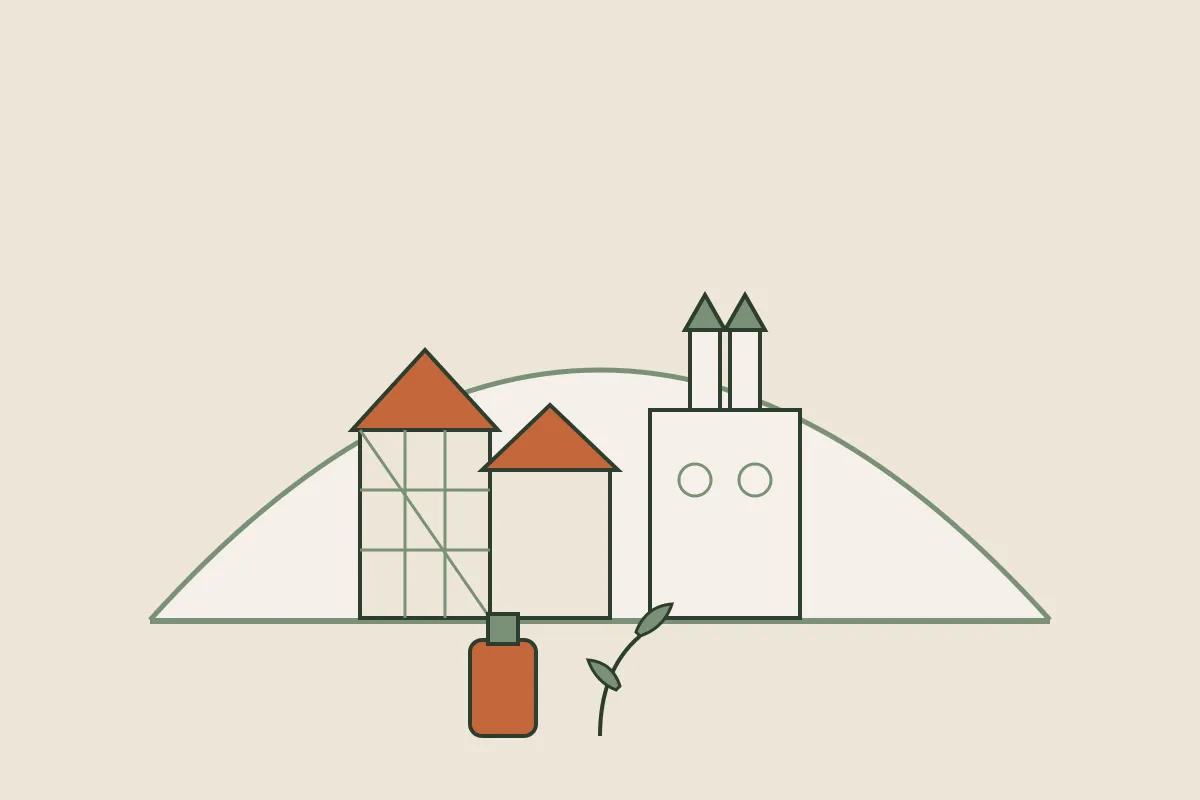 Illustration : massage grossesse et post-partum à Troyes, maisons à colombages et cathédrale Saint-Pierre-et-Saint-Paul sous une arche, avec un flacon d'huile et un brin végétal, aux couleurs crème et vert sauge de Yes Mama