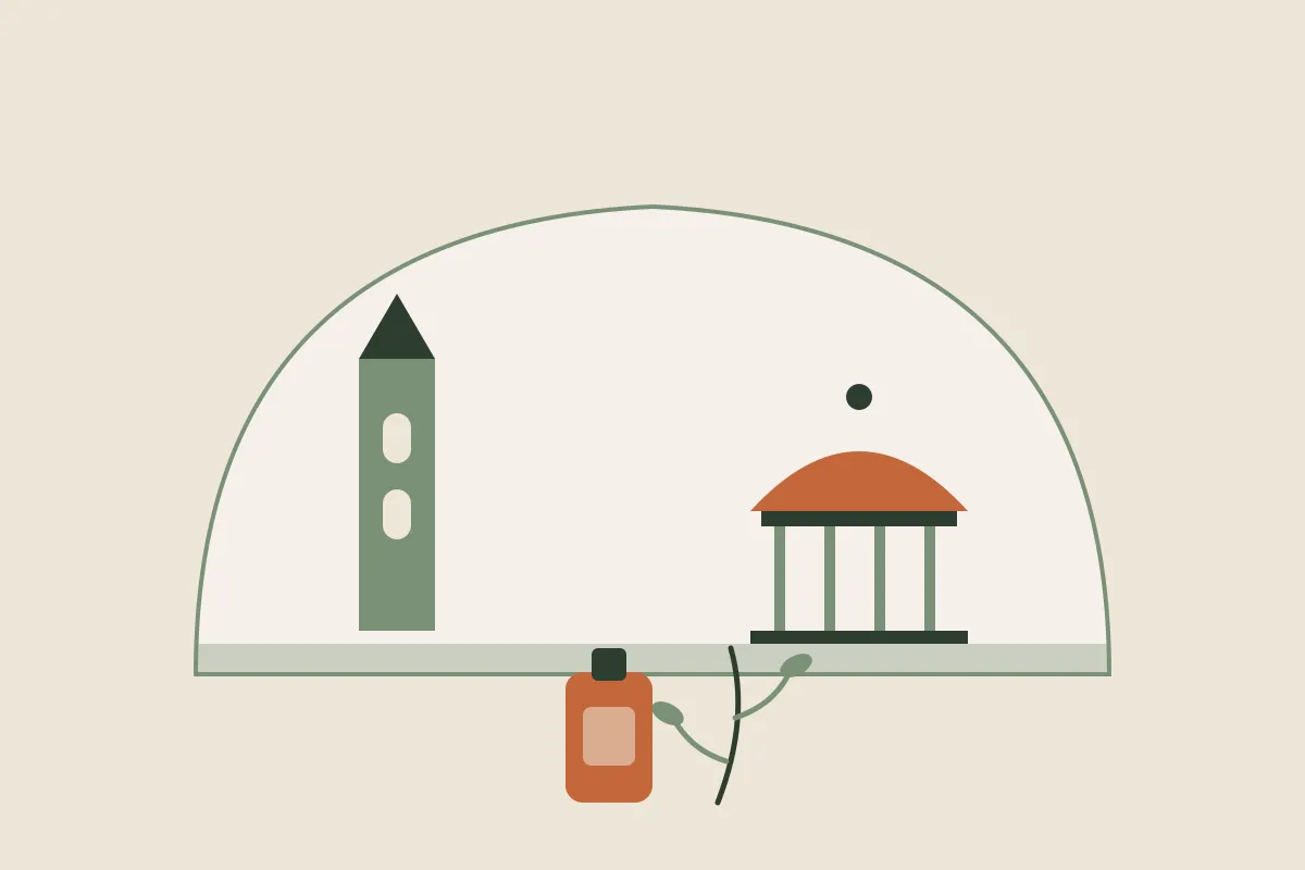 Illustration : massage grossesse et post-partum à Valence, kiosque Peynet et clocher de la cathédrale dans une arche, flacon d'huile et brin végétal, aux couleurs crème et vert sauge de Yes Mama