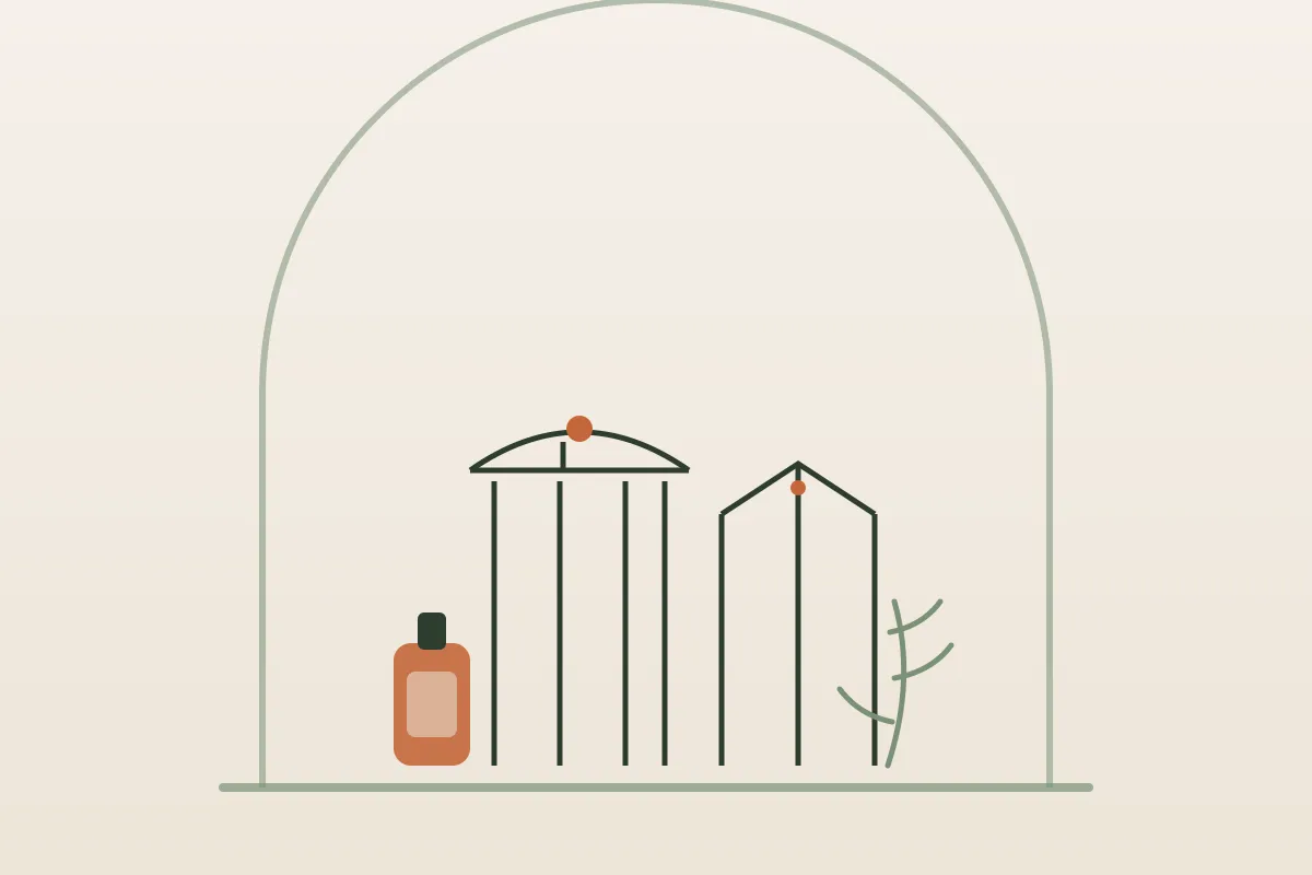 Illustration d'une galerie du parc des Sources de Vichy et du toit de l'Opéra, avec un flacon d'huile de massage et un brin végétal, aux couleurs de Yes Mama