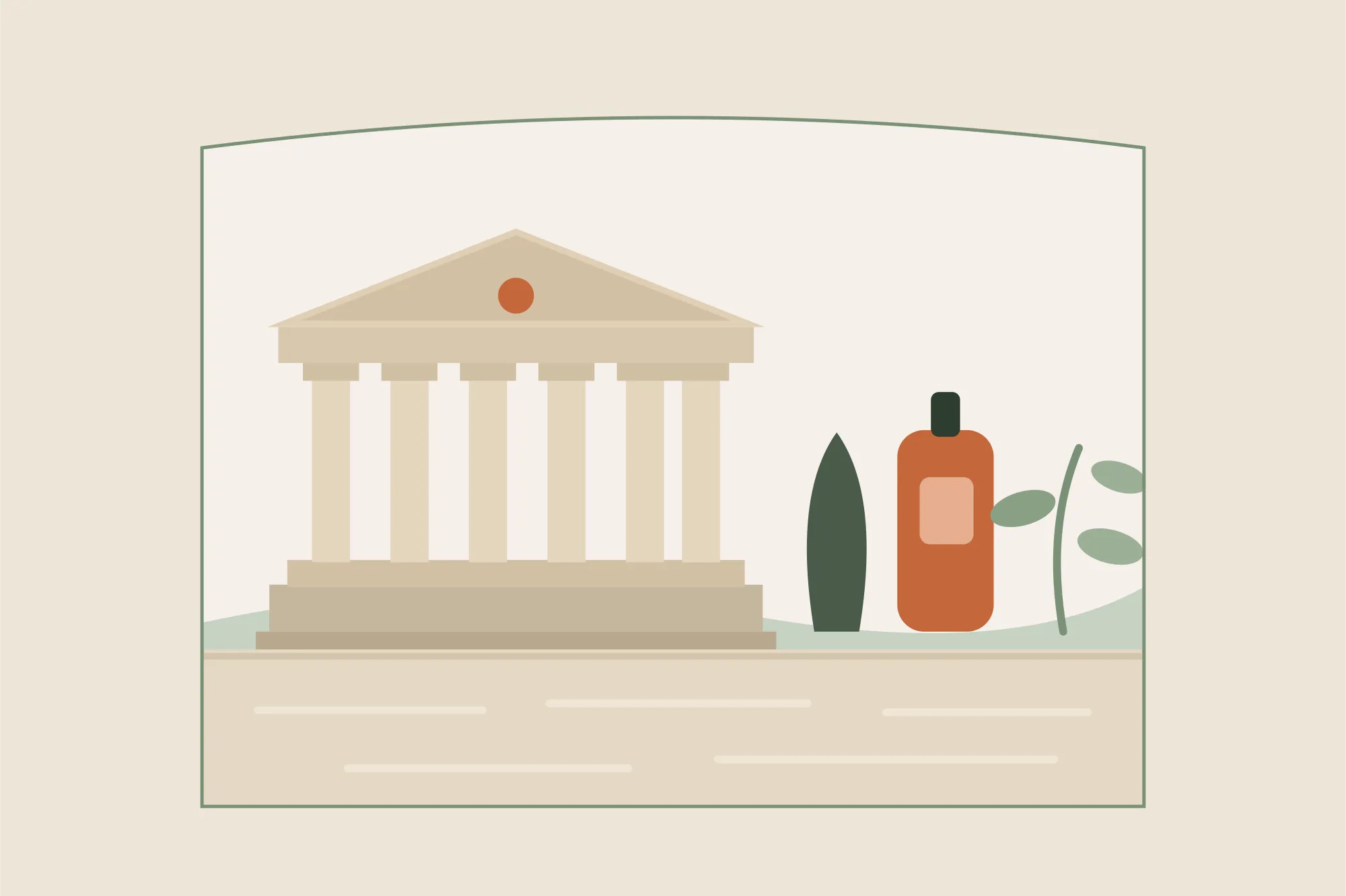Illustration du temple romain d'Auguste et Livie à Vienne, avec ses colonnes et son fronton, un flacon d'huile de massage, dans une arche aux couleurs crème et vert sauge de Yes Mama