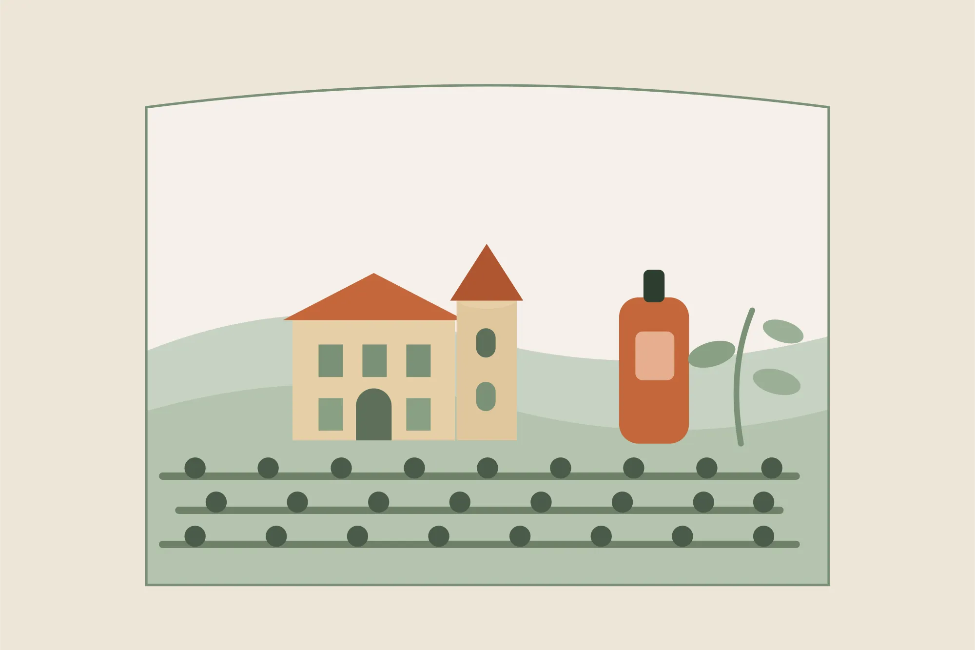 Illustration des vignes en rangs du Beaujolais et d'une maison en pierres dorées près de Villefranche-sur-Saône, avec un flacon d'huile de massage, dans une arche aux couleurs crème et vert sauge de Yes Mama
