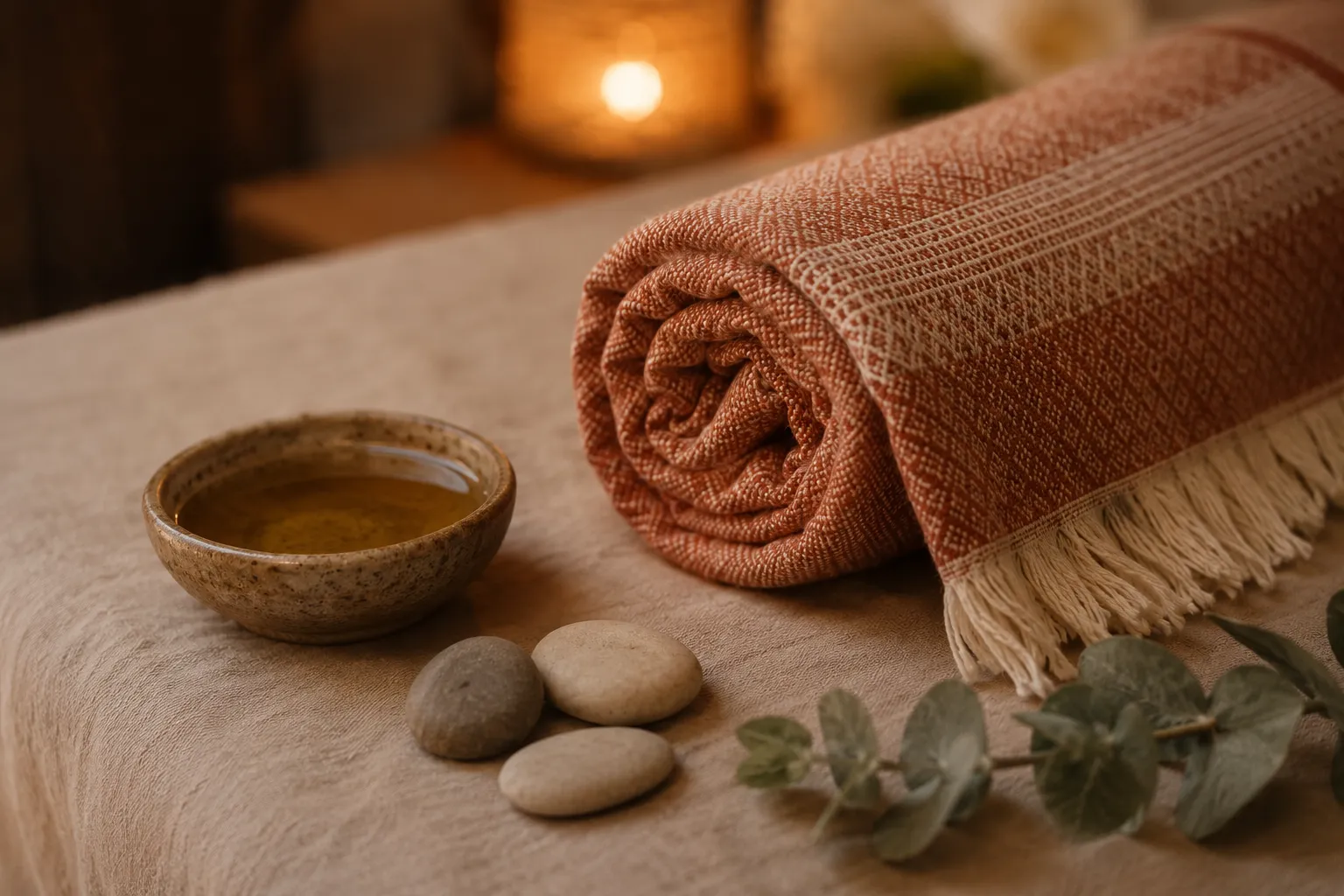 Châle de rebozo terracotta roulé sur une table drapée de lin, à côté d'un bol d'huile de massage, de galets lisses et d'un brin d'eucalyptus