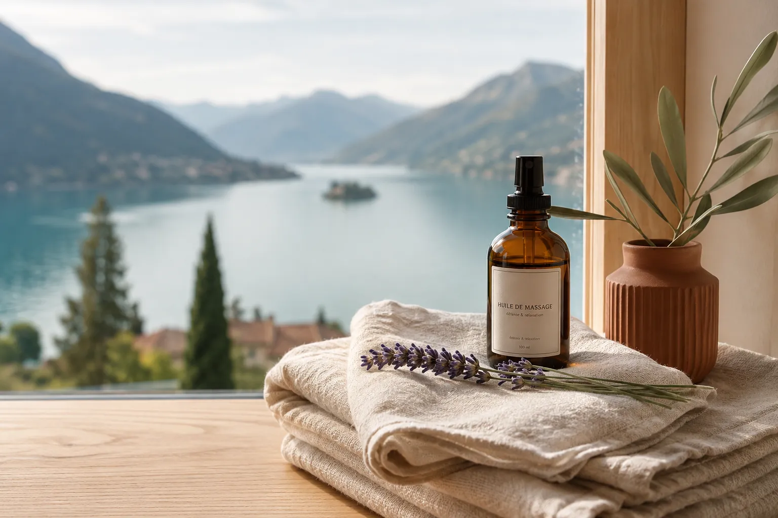 Linge de soin en lin, flacon d'huile de massage, brin de lavande et branche d'olivier devant une fenêtre ouverte sur le lac d'Annecy et les montagnes