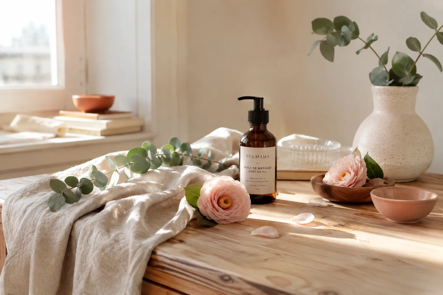 Flacon d'huile de massage Yes Mama, linge de lin froissé, renoncules roses et branche d'eucalyptus sur une table en bois près d'une fenêtre lumineuse