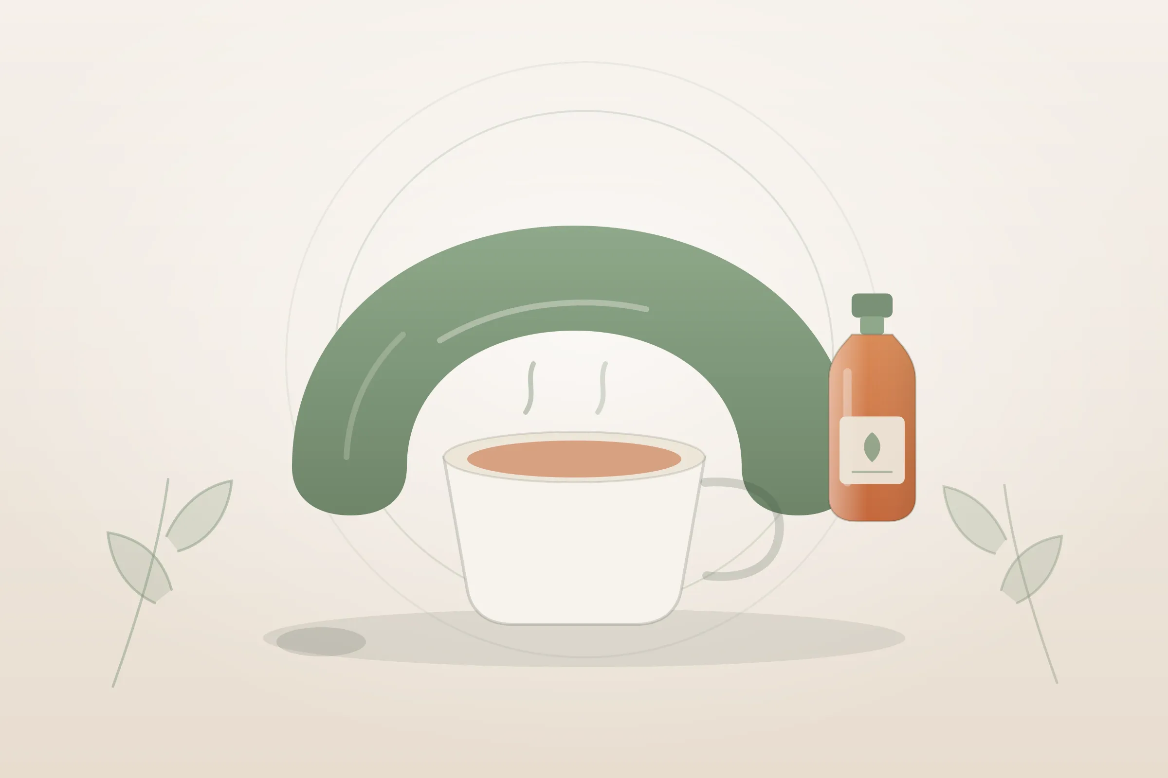Illustration : massage post-partum et allaitement, un coussin d'allaitement, une tasse et un flacon d'huile végétale, aux couleurs crème et vert sauge de Yes Mama