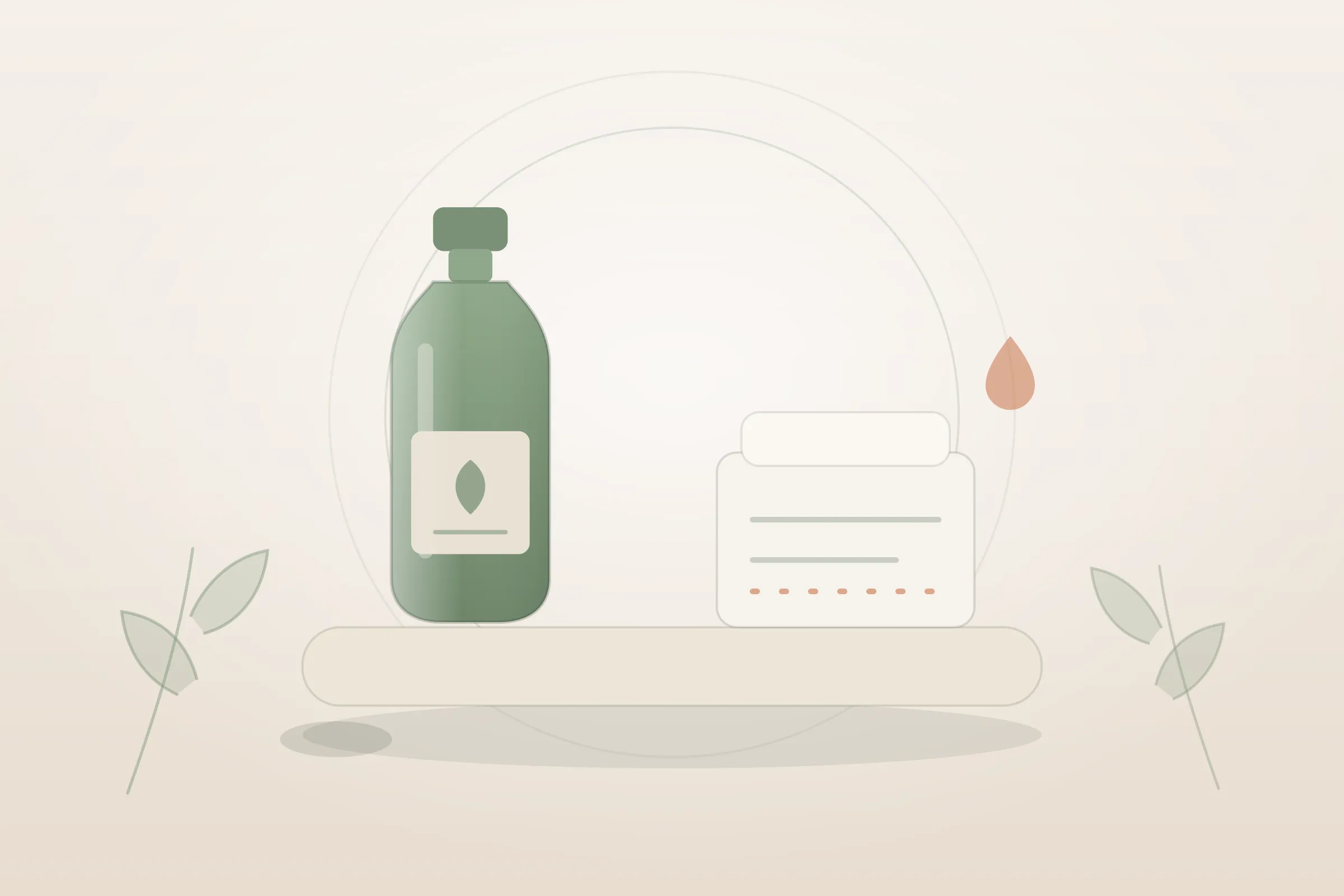 Illustration : massage post-partum après césarienne, un flacon d'huile végétale, une compresse pliée et un coussin, aux couleurs crème et vert sauge de Yes Mama