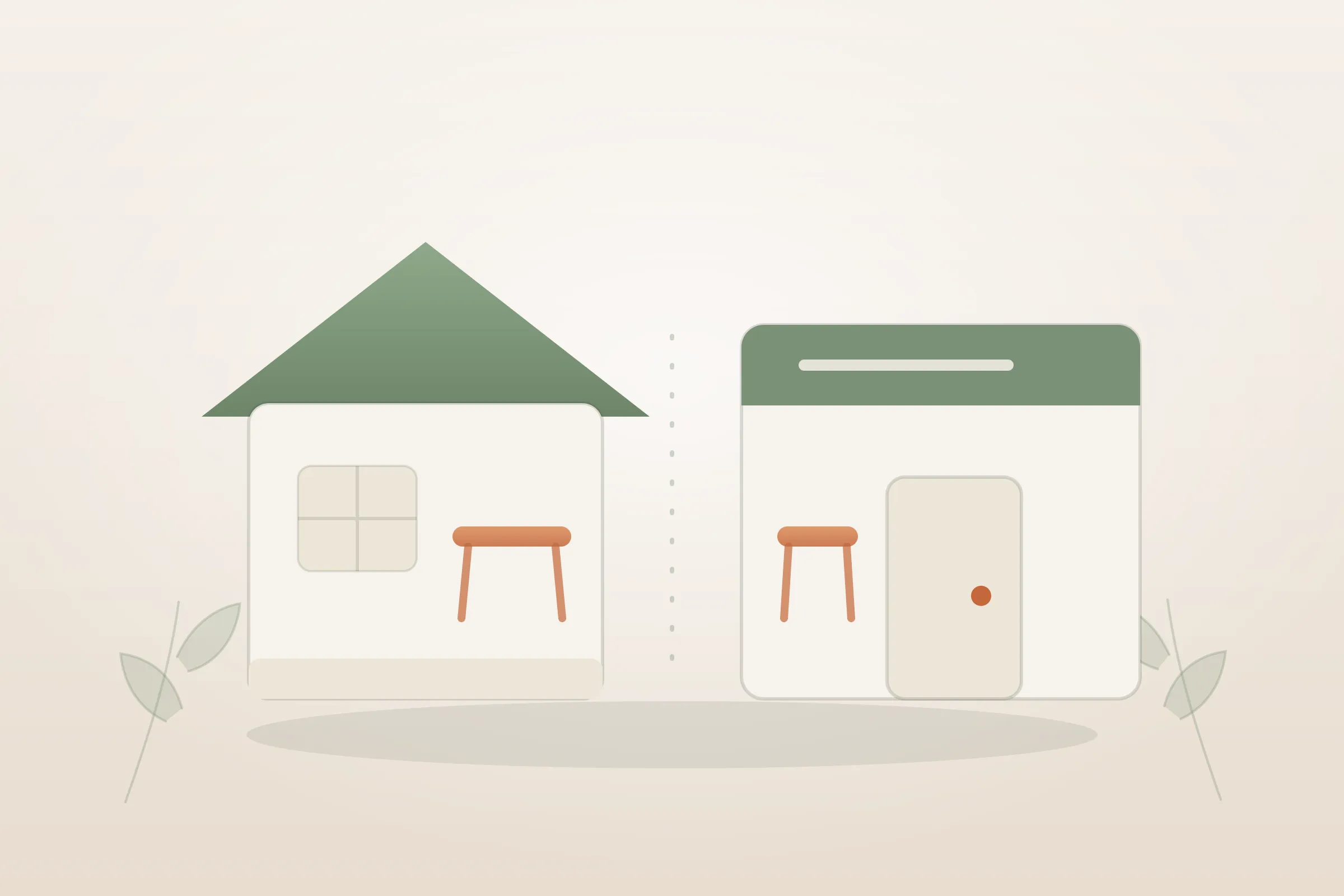 Illustration : massage post-partum à domicile ou en cabinet, une table de massage pliante et une porte d'entrée stylisées, aux couleurs crème et vert sauge de Yes Mama
