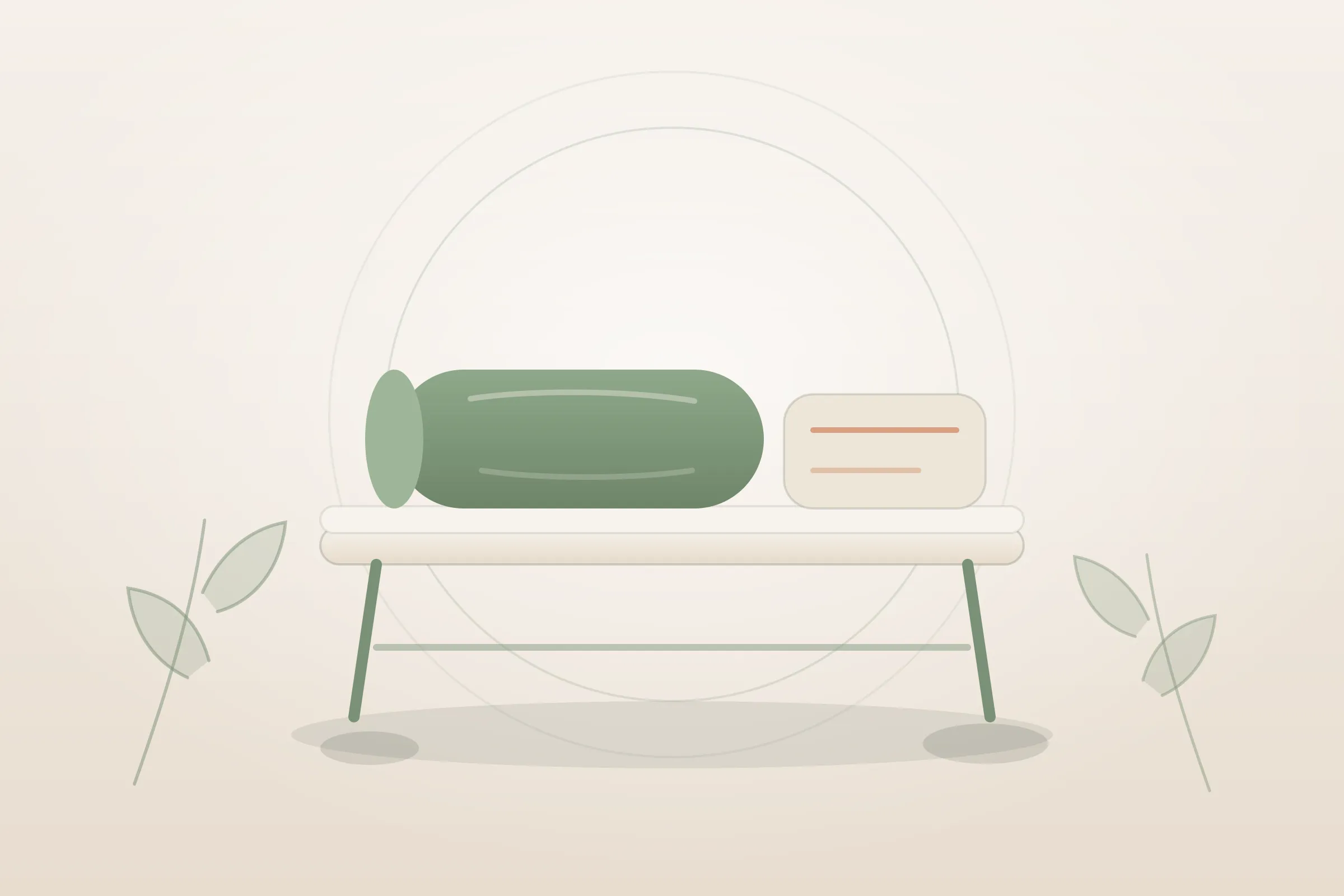Illustration : massage prénatal, deux coussins de positionnement, une table de massage et un flacon d'huile végétale, aux couleurs crème et vert sauge de Yes Mama